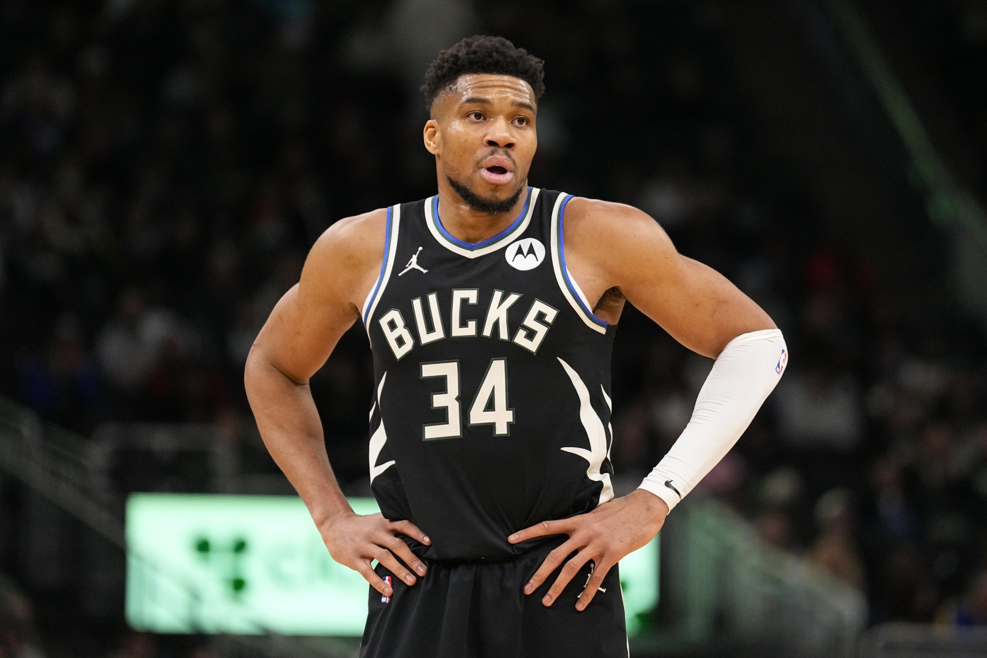 Milwaukee Bucks forward Giannis Antetokounmpo (34) looks on during the second quarter against the Denver Nuggets at Fiserv Forum.