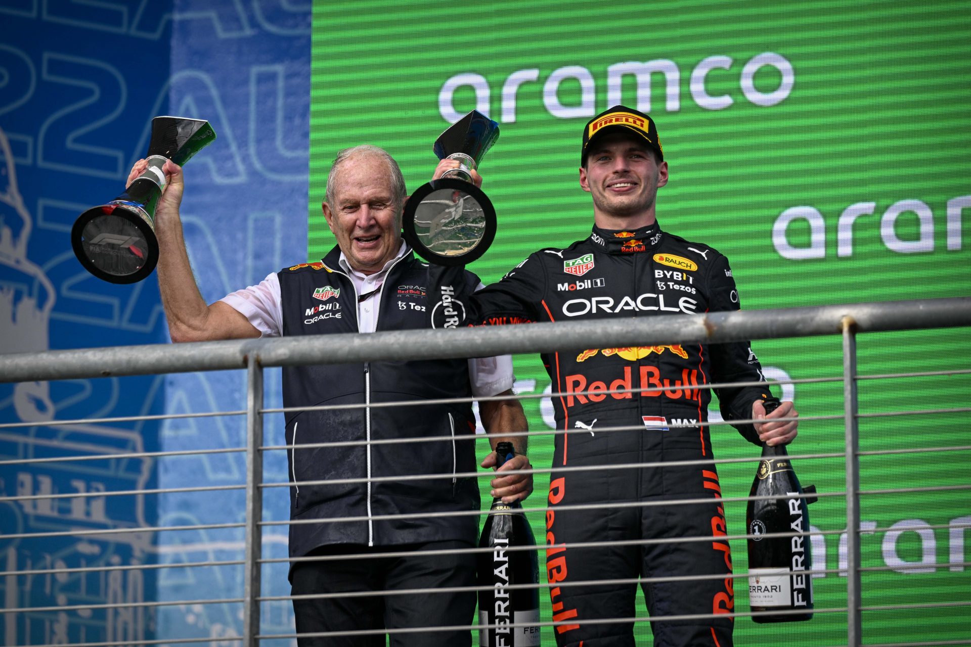 Red Bull Racing  advisor Helmut Marko (L) and Max Verstappen (R) after winning the 2022 U.S. Grand Prix. Source: Imagn.