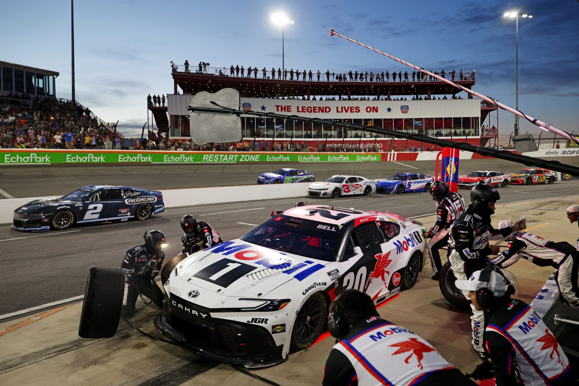 NASCAR Cup Series driver Christopher Bell (20) makes a pit stop during NASCAR All-Star Open at North Wilkesboro Speedway.