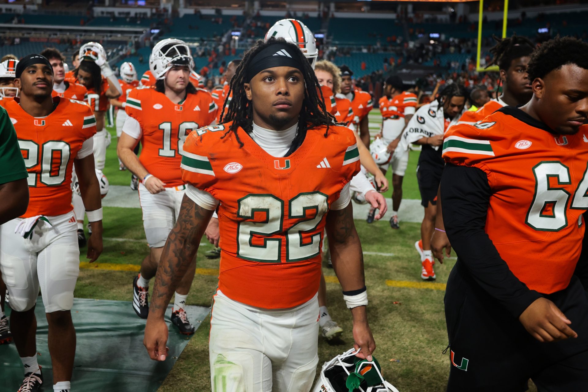 Miami Hurricanes running back Girard Pringle Jr. (22) looks on after the game against NC State Wolfpack at Hard Rock Stadium.