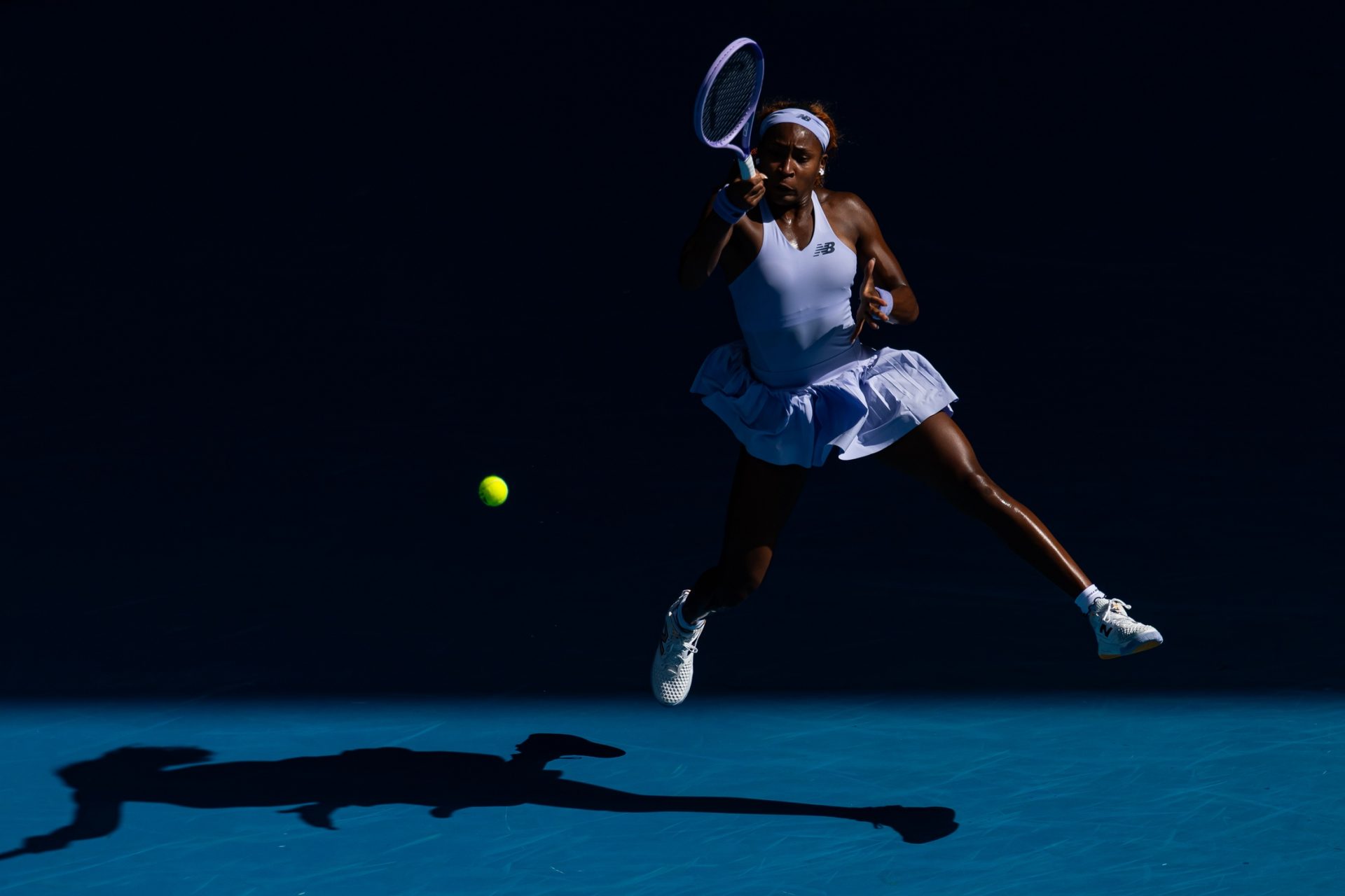Coco Gauff of United States in action against Karolina Muchova of Czechia in the fourth round of the womens singles at the Australian Open at Margaret Court Arena in Melbourne Park.
