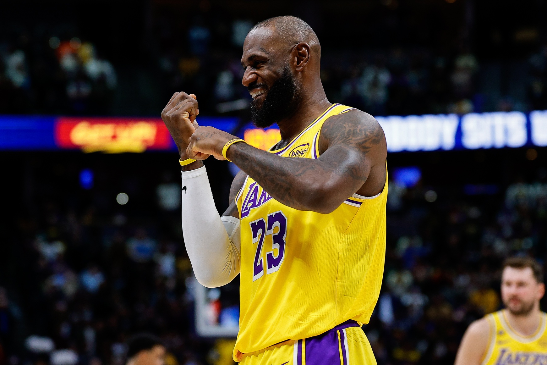 Los Angeles Lakers forward LeBron James (23) gestures before the game against the Denver Nuggets at Ball Arena.