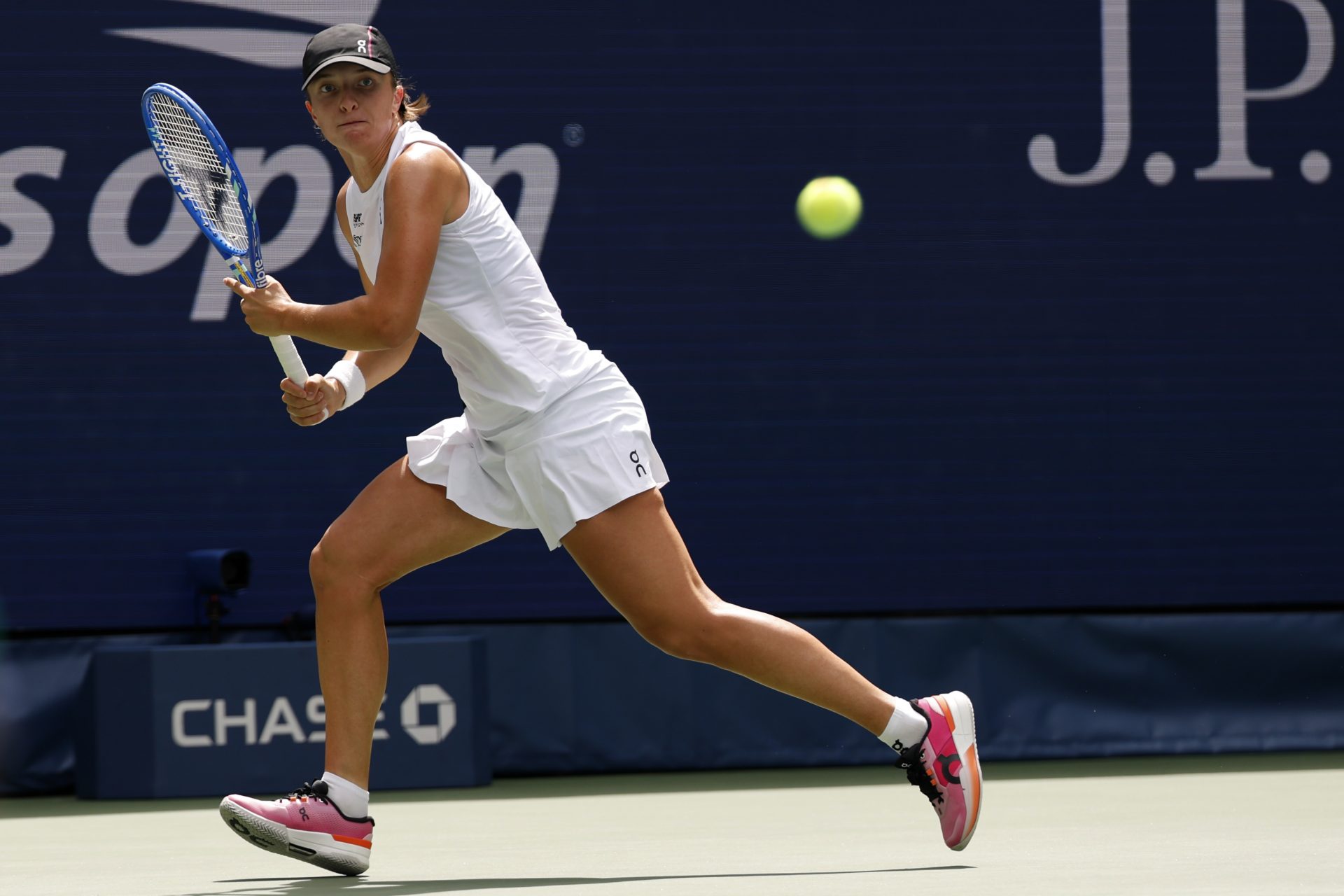 Iga Swiatek (POL) chases a shot against Ekaterina Alexandrova (not pictured) on day nine of the 2025 US Open tennis championships at Billie Jean King National Tennis Center.