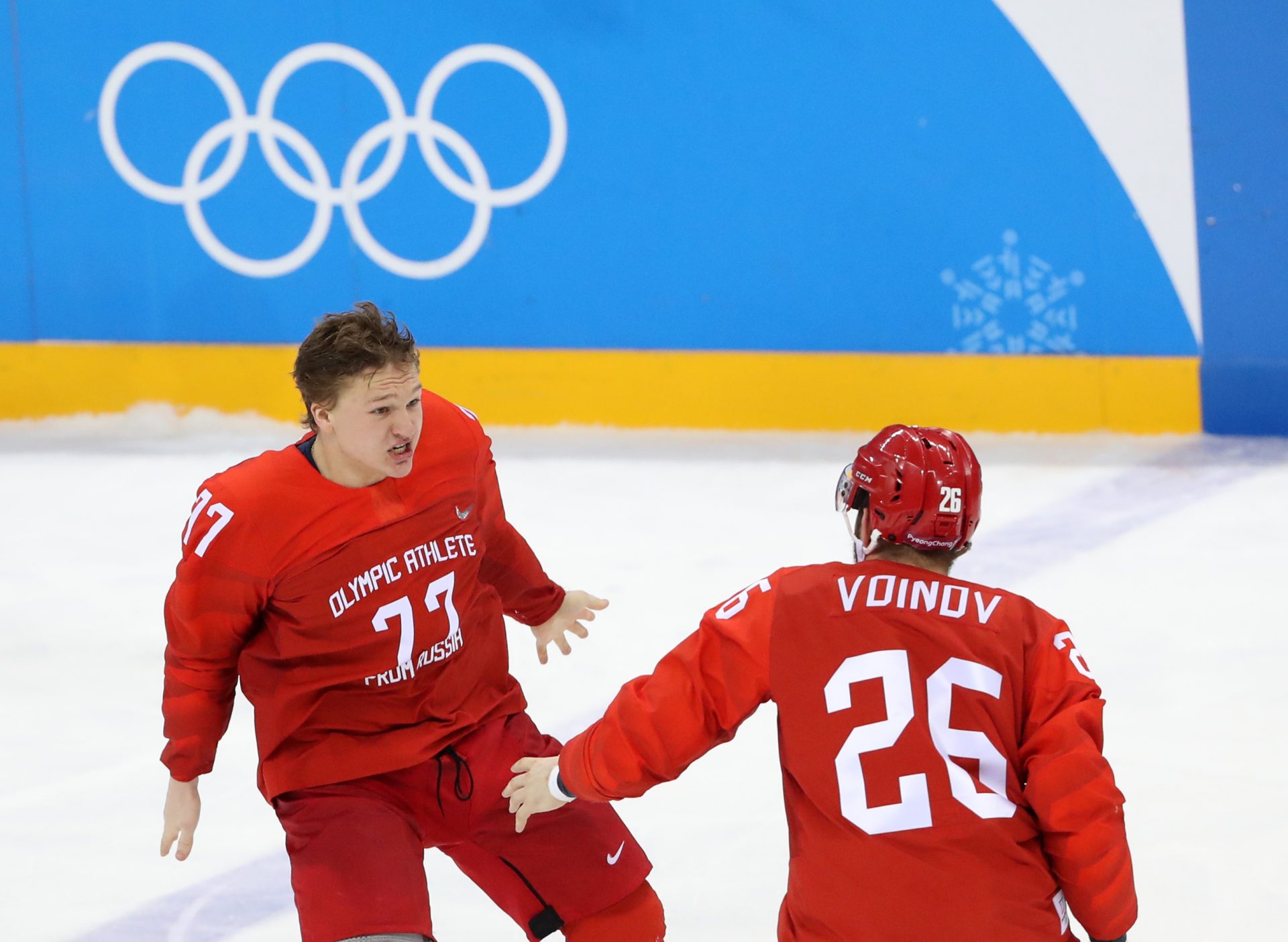 Olympic Athlete from Russia forward Kirill Kaprizov (77) celebrates scoring the game winning goal against Germany in the men's ice hockey gold medal match during the Pyeongchang 2018 Olympic Winter Games at Gangneung Hockey Centre.
