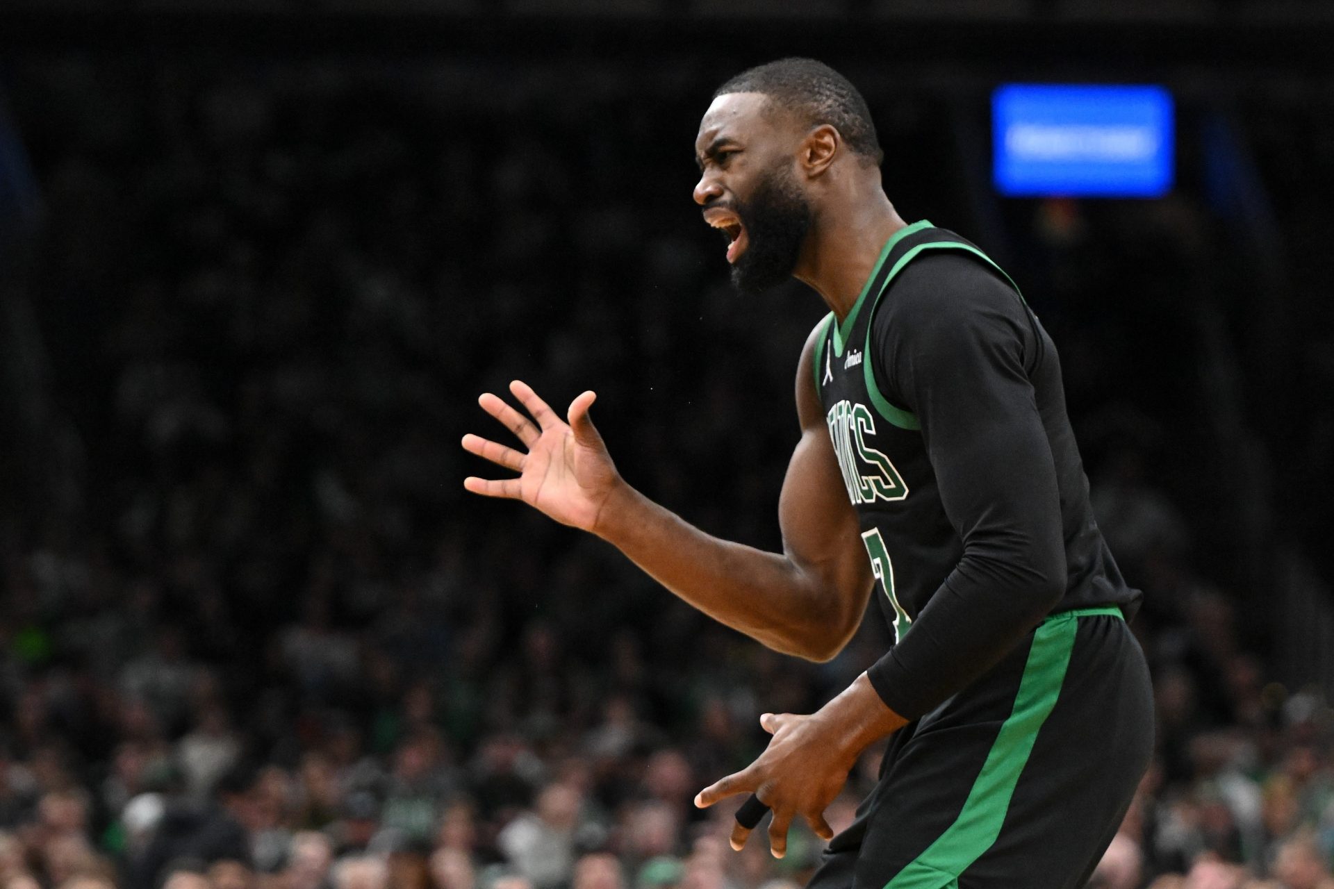Boston Celtics guard Jaylen Brown (7) reacts after a non-call against the San Antonio Spurs during the second half at the TD Garden.