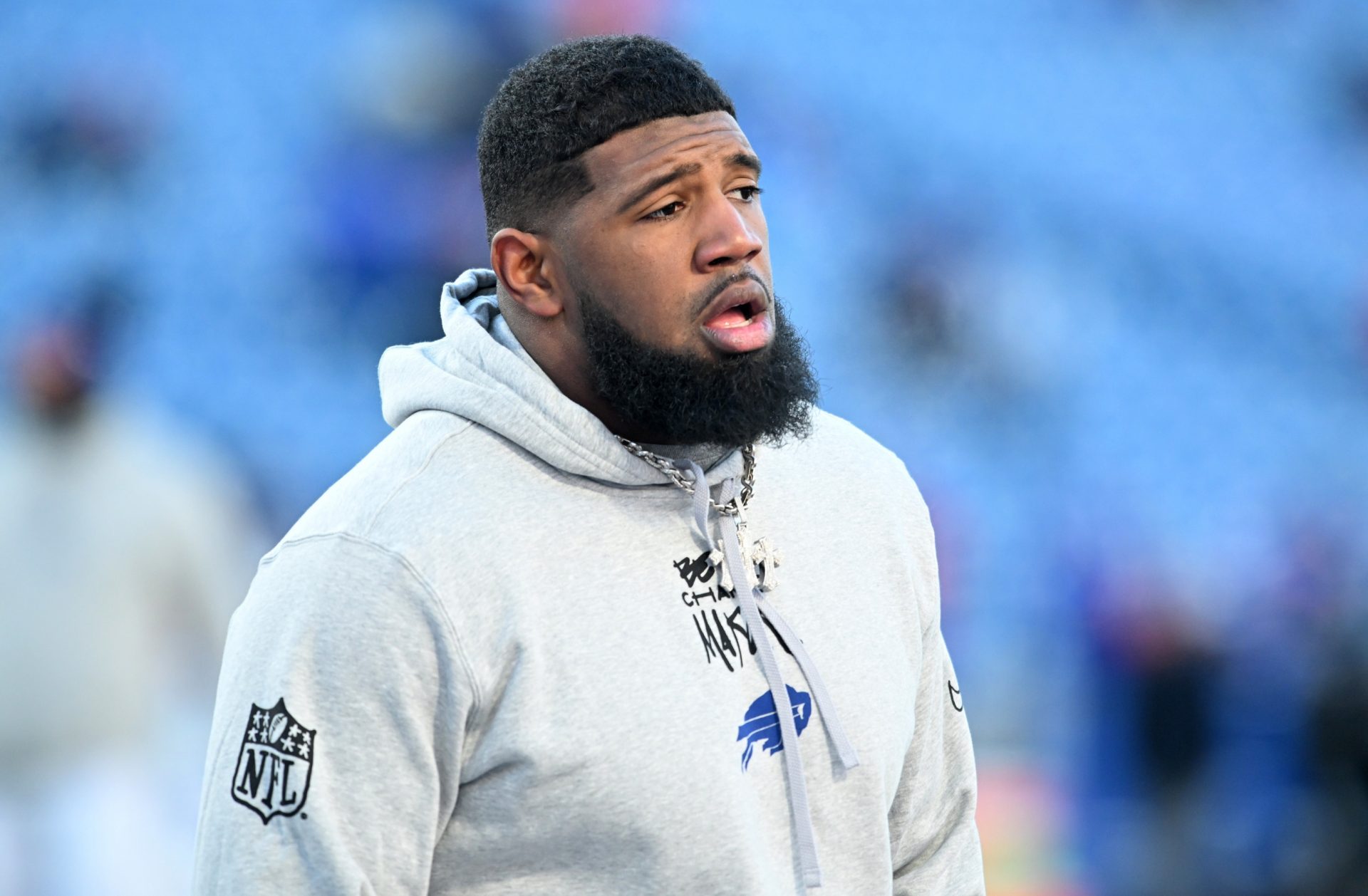 Buffalo Bills defensive tackle Ed Oliver (91) warms up before a game against the New England Patriots at Highmark Stadium.
