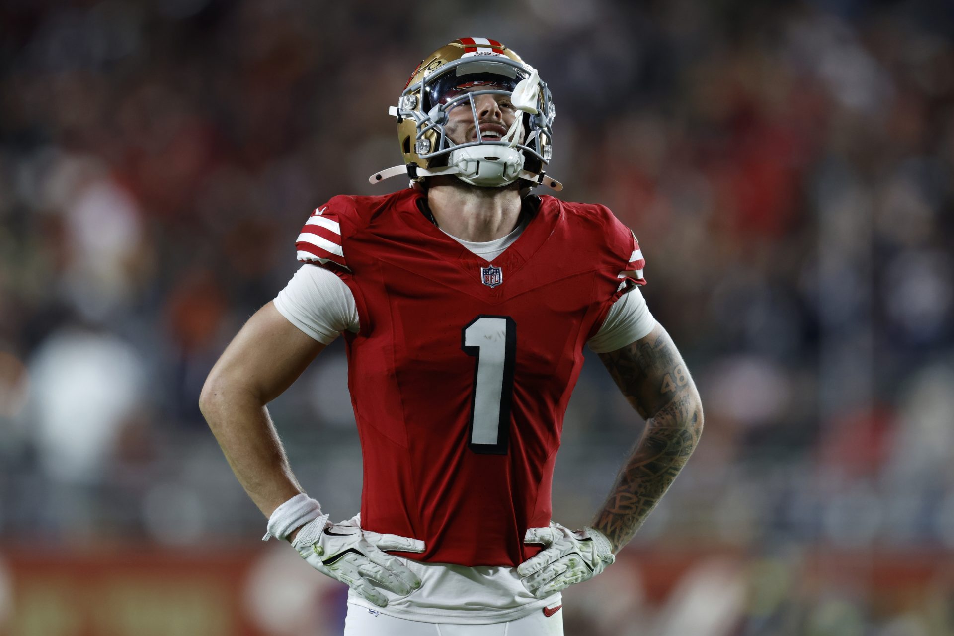 San Francisco 49ers wide receiver Ricky Pearsall (1) looks on in the first half against the Chicago Bears at Levi's Stadium.