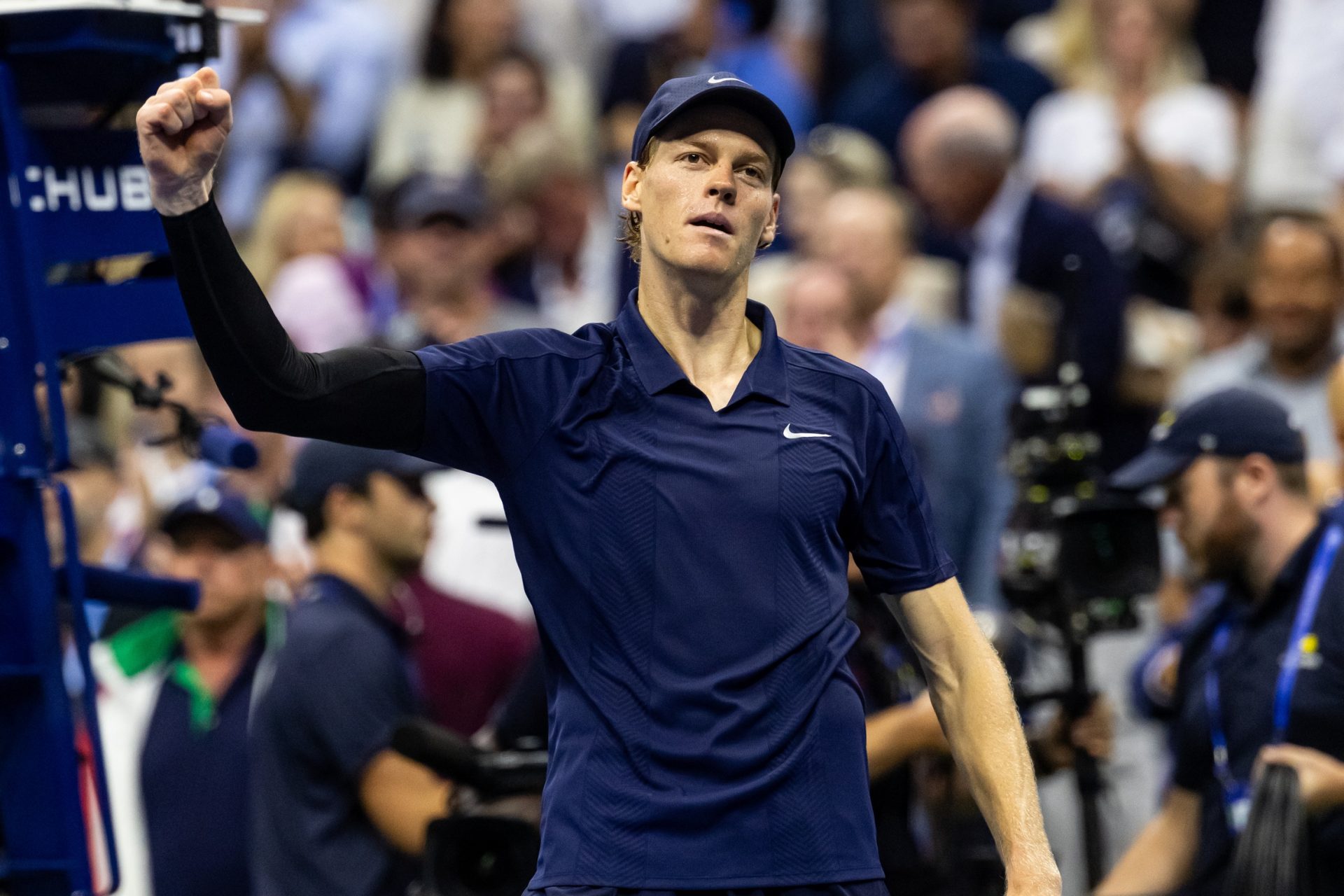 Jannik Sinner of Italy celebrates his victory over Felix Auger-Aliassime of Canada in the semifinal of the men’s singles at the US Open at Arthur Ashe Stadium in Billie Jean King National Tennis Center.