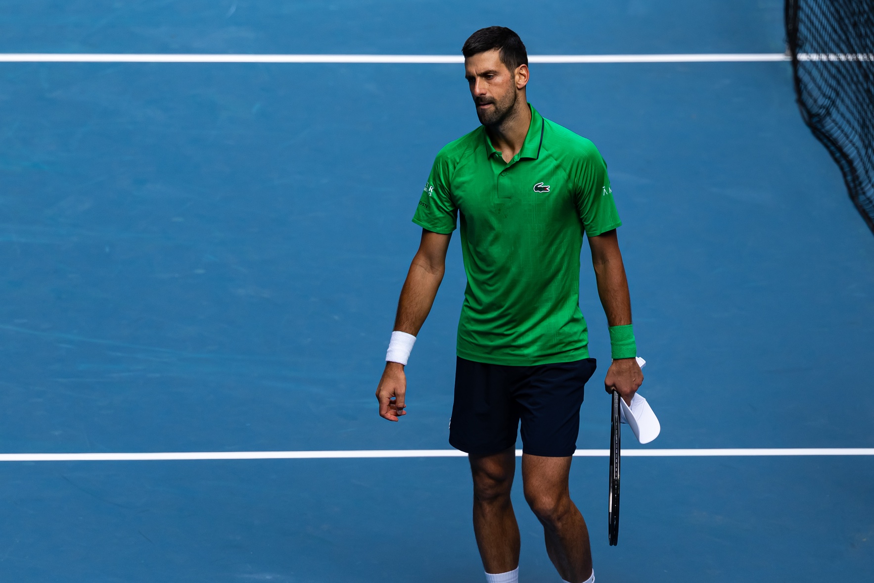 Novak Djokovic of Serbia in action against Lorenzo Musetti of Italy in the quarterfinals of the mens singles at the Australian Open at Rod Laver Arena in Melbourne Park.