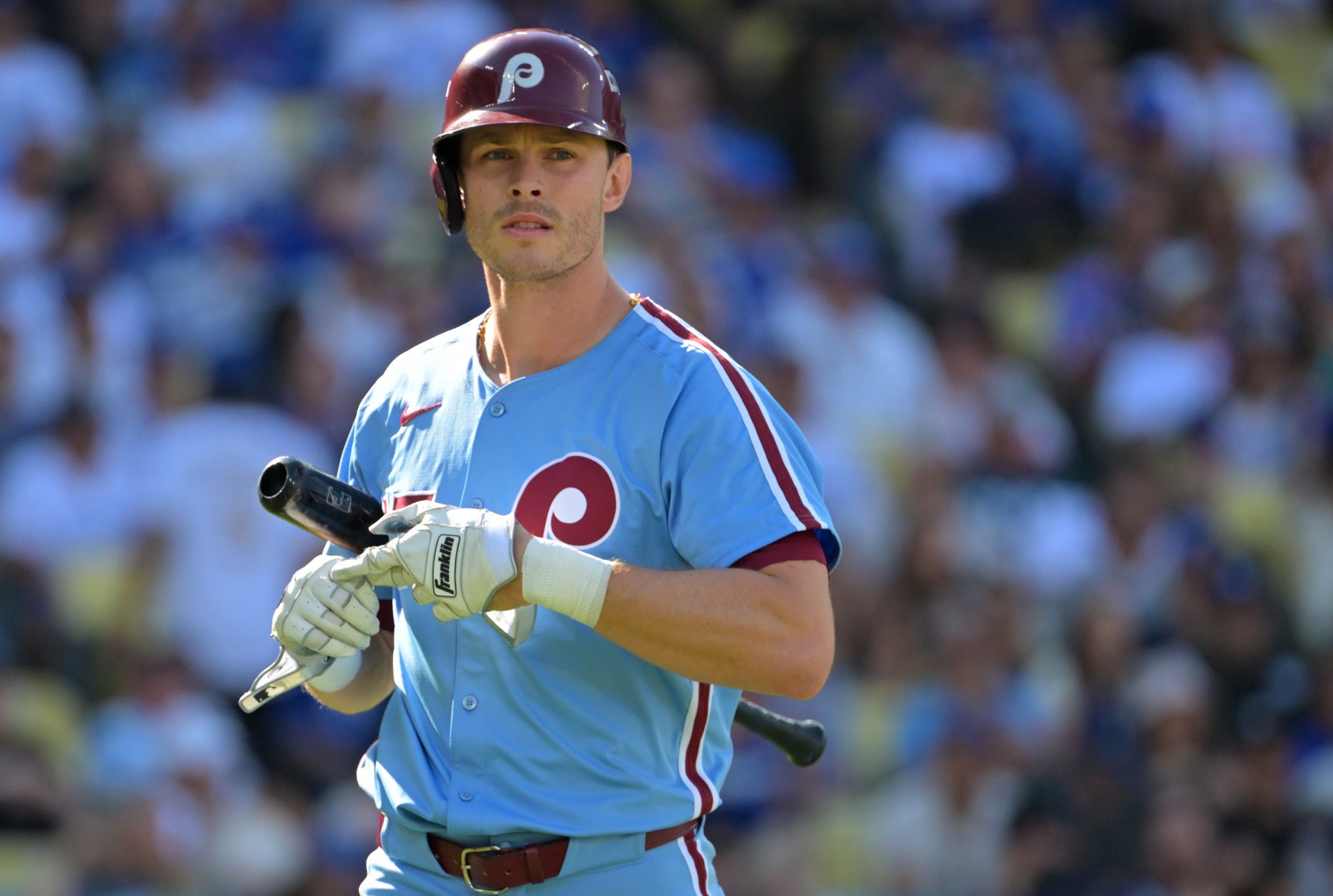 Philadelphia Phillies catcher J.T. Realmuto (10) reacts after striking out in the second inning against the Los Angeles Dodgers during game four of the NLDS round for the 2025 MLB playoffs at Dodger Stadium.