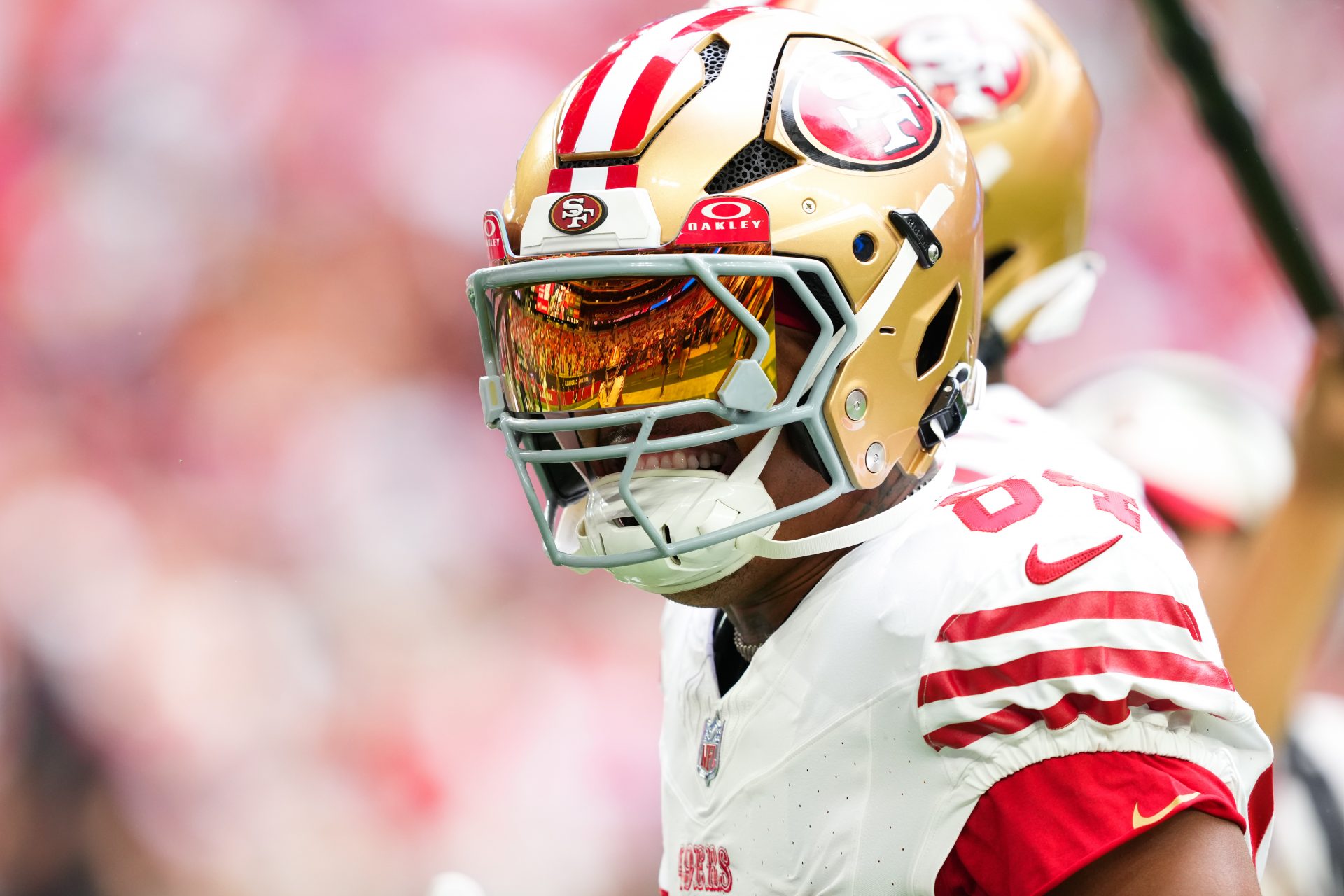 San Francisco 49ers wide receiver Kendrick Bourne (84) shakes hands with wide receiver Demarcus Robinson (5) before the game against the Arizona Cardinals at State Farm Stadium.