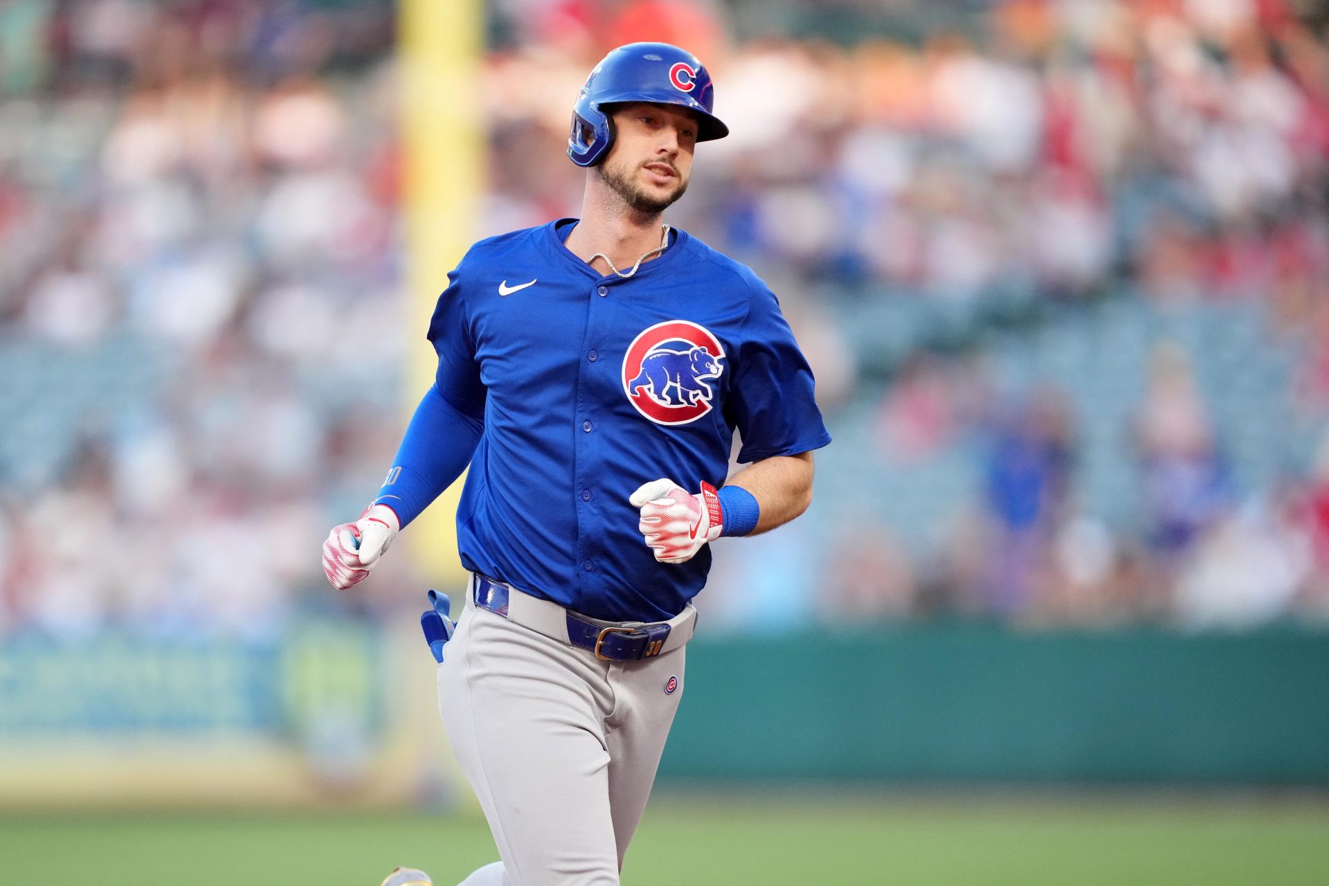 Chicago Cubs right fielder Kyle Tucker (30) runs the bases after hitting a home run in the first inning against the Los Angeles Angels at Angel Stadium.