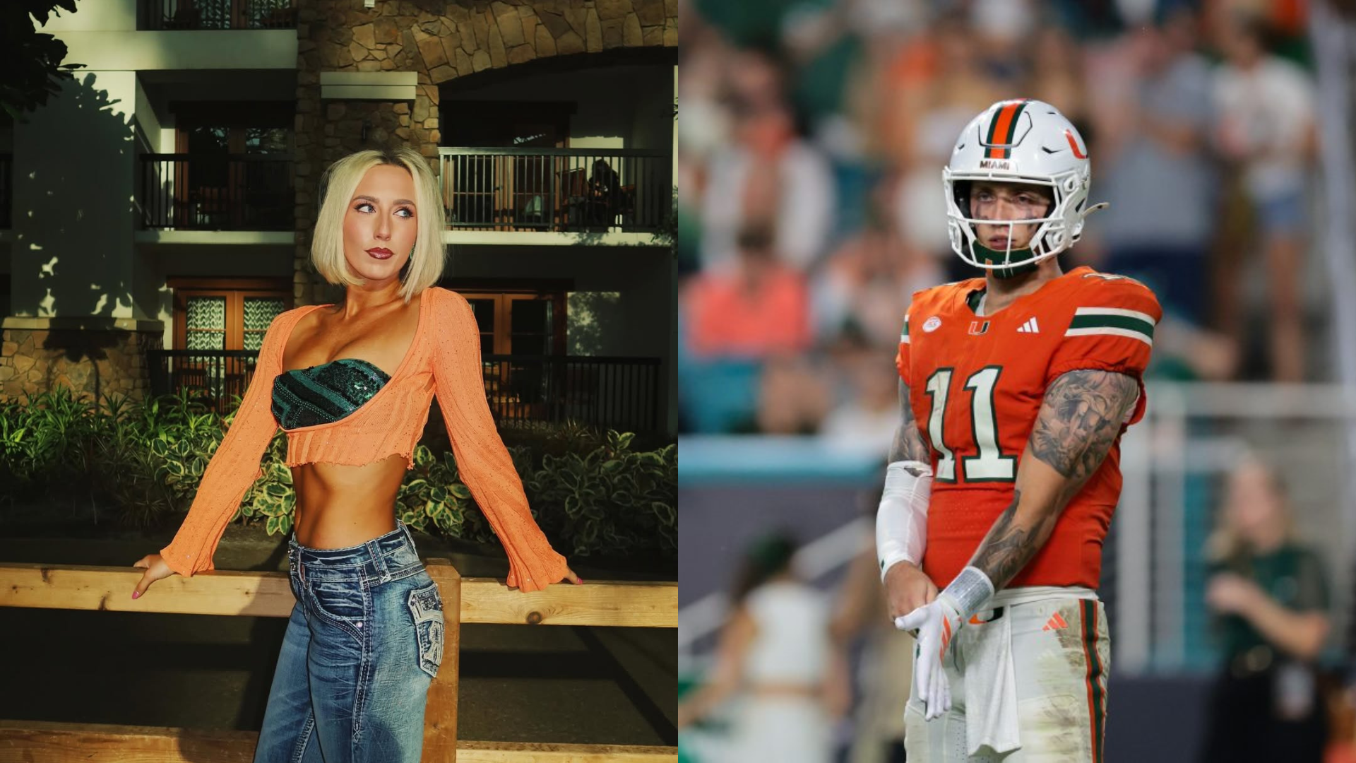 Kylie and Carson Beck. - Source: Left image from Instagram/kyliebeck_, Right image from Imagn