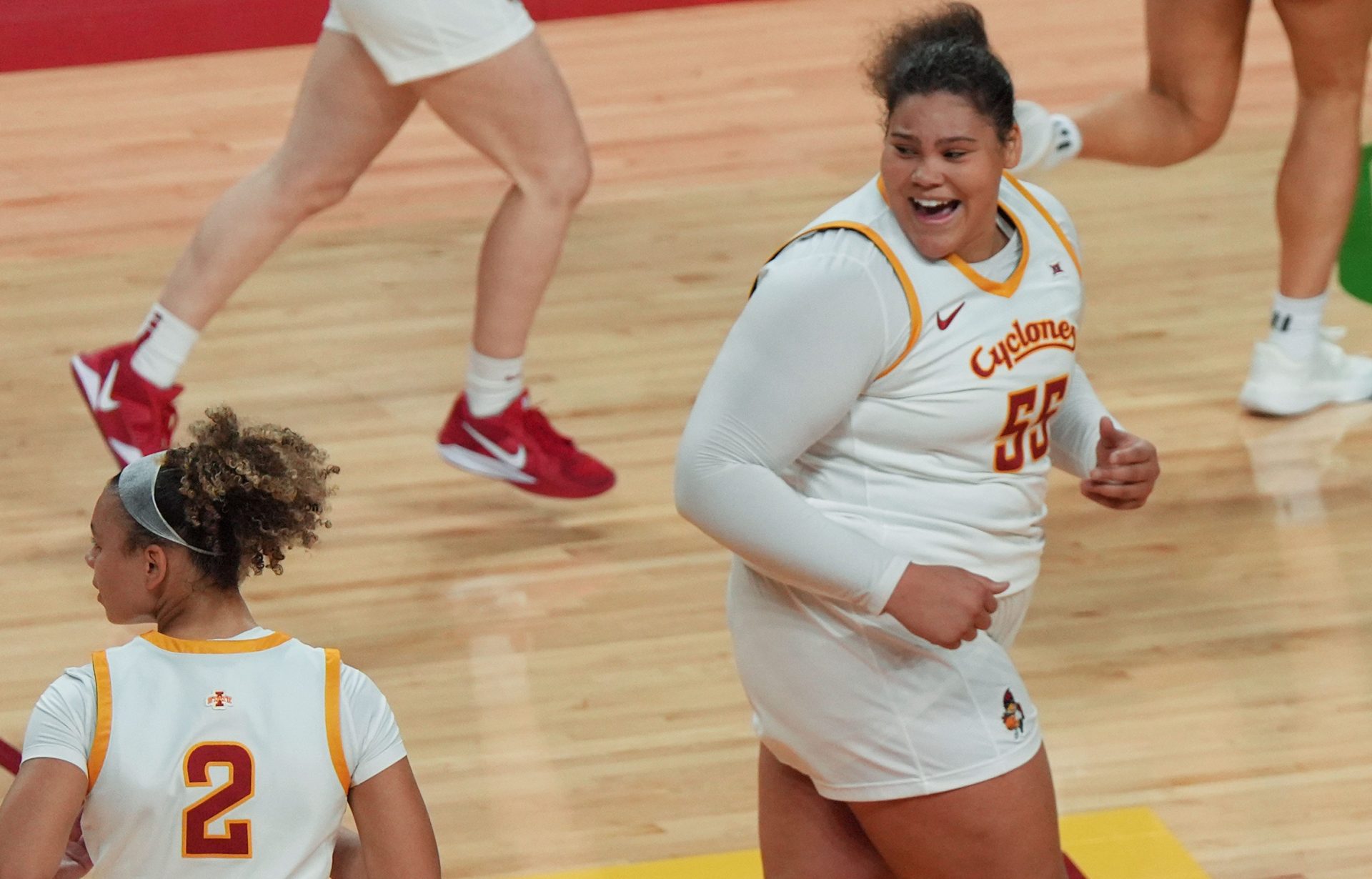 Iowa State Cyclones' center Audi Crooks (55) reacts after a score against Kansas during the second-quarter in the Big-12 conference home opener on Dec. 21, 2025, at Hilton Coliseum in Ames, Iowa.