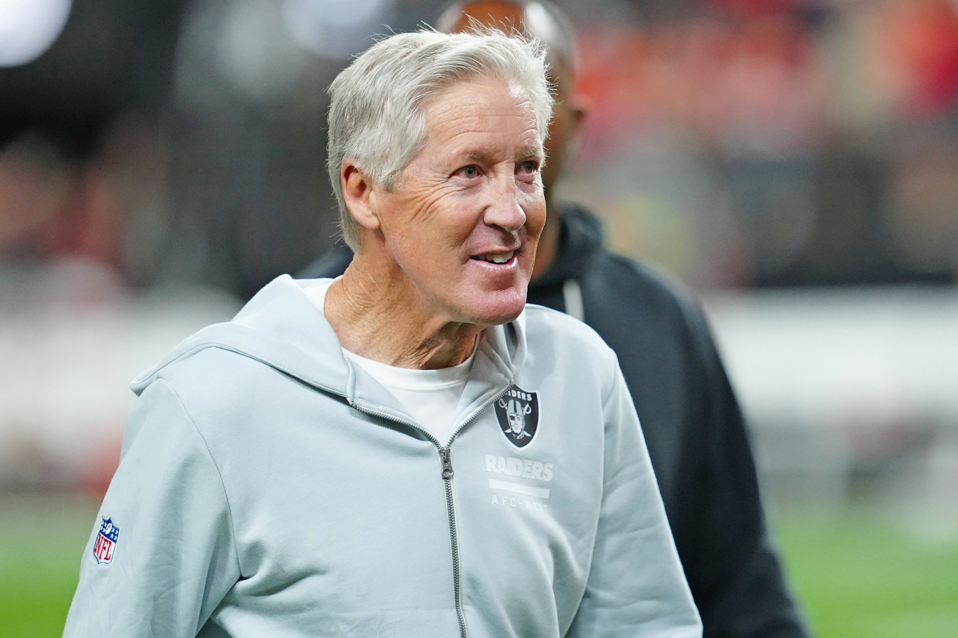 Las Vegas Raiders head coach Pete Carroll walks off the field after the Raiders defeated the Kansas City Chiefs 14-12 at Allegiant Stadium.