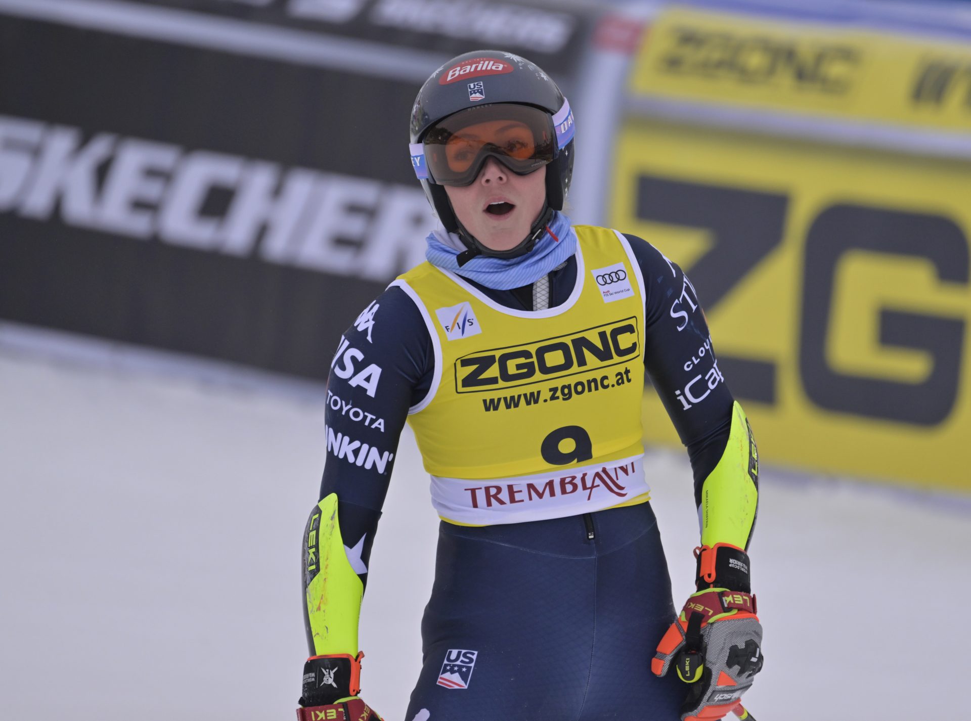 Mikaela Shiffrin of the United States reacts during the second run of the women's giant slalom race during the PwC Tremblant alpine skiing World Cup at Mont-Tremblant Ski Resort.