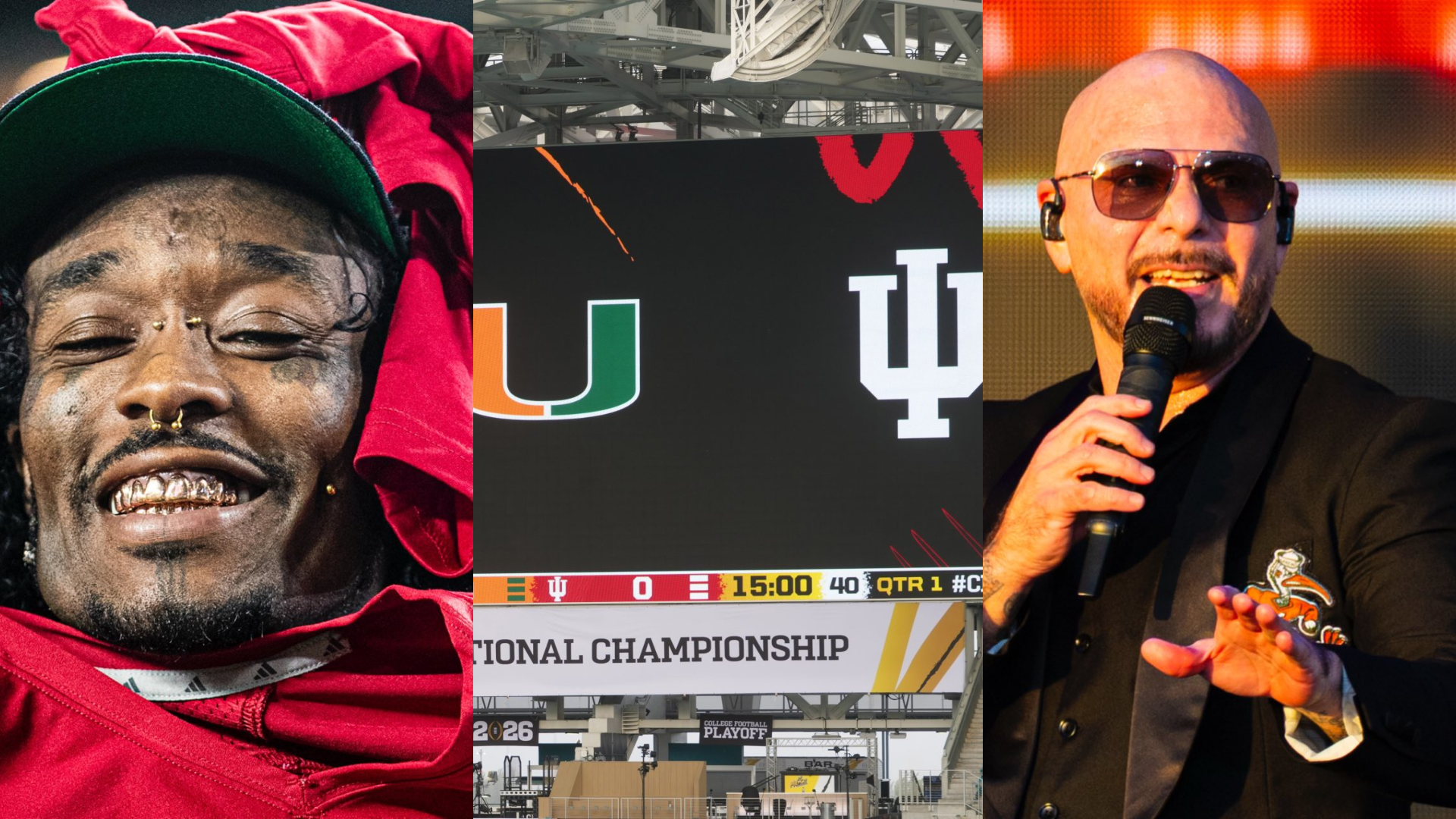 Lil' Uzi Vert, Pitbull and Indiana Hoosiers vs. Miami Hurricanes. - Source: Imagn, https://x.com/CFBPlayoff/status/2013401934938439741/photo/1, https://x.com/CFBPlayoff/status/2013393162648048105/photo/4