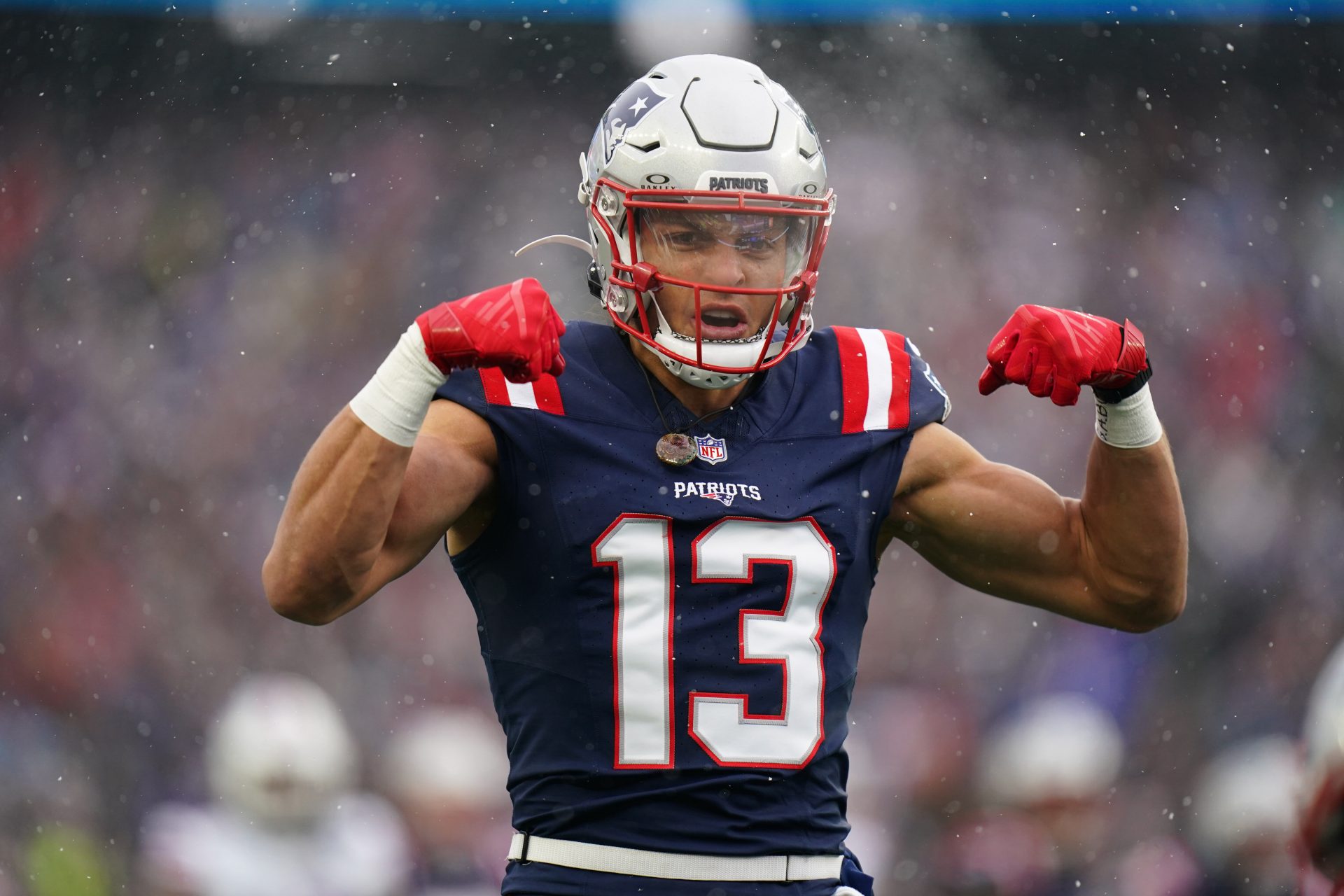 New England Patriots wide receiver Mack Hollins (13) reacts after a play against the Buffalo Bills in the first quarter at Gillette Stadium.