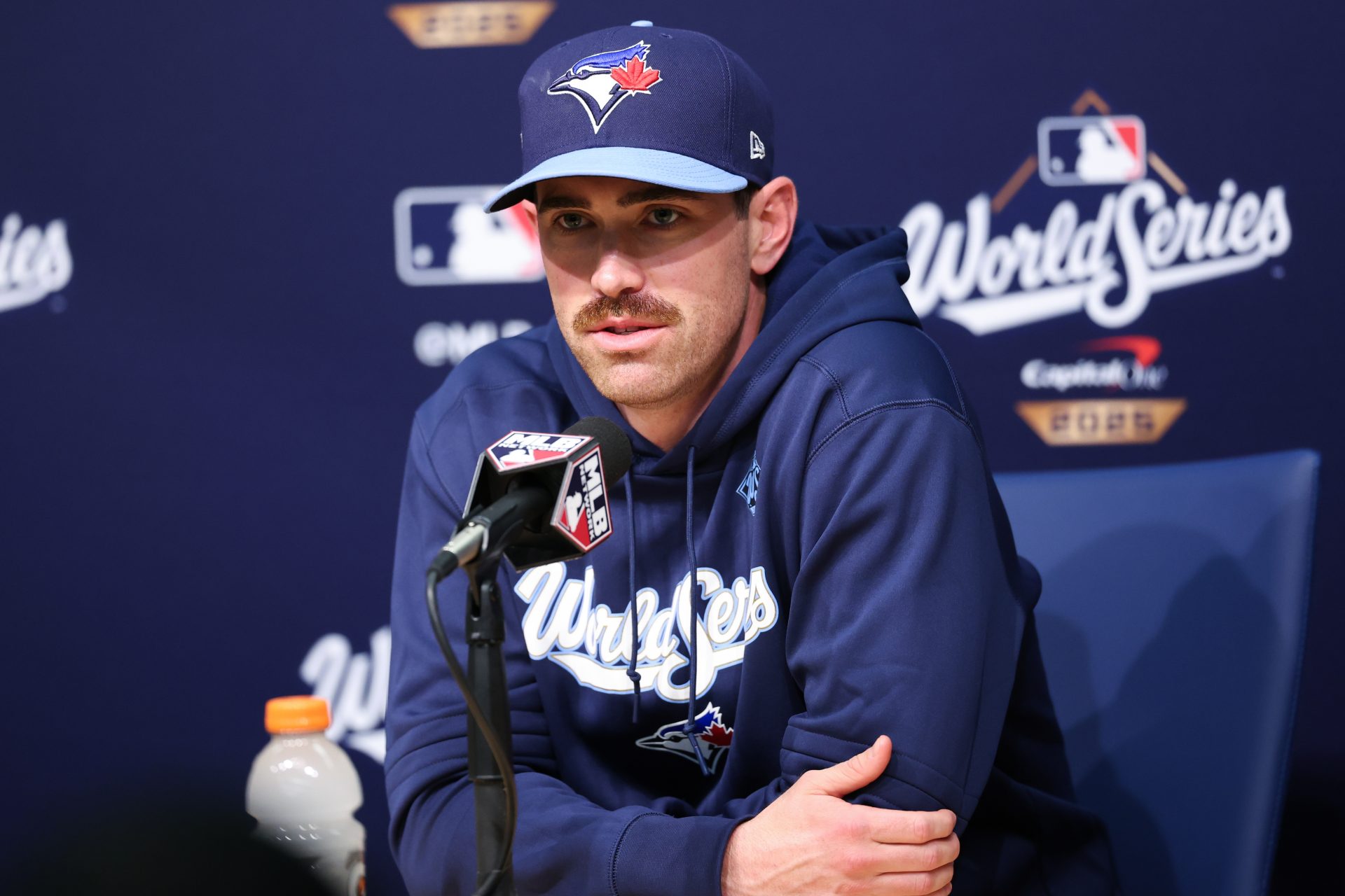 Toronto Blue Jays pitcher Shane Bieber (57) speaks at the postgame press conference after the game against the Los Angeles Dodgers during game four of the 2025 MLB World Series at Dodger Stadium.