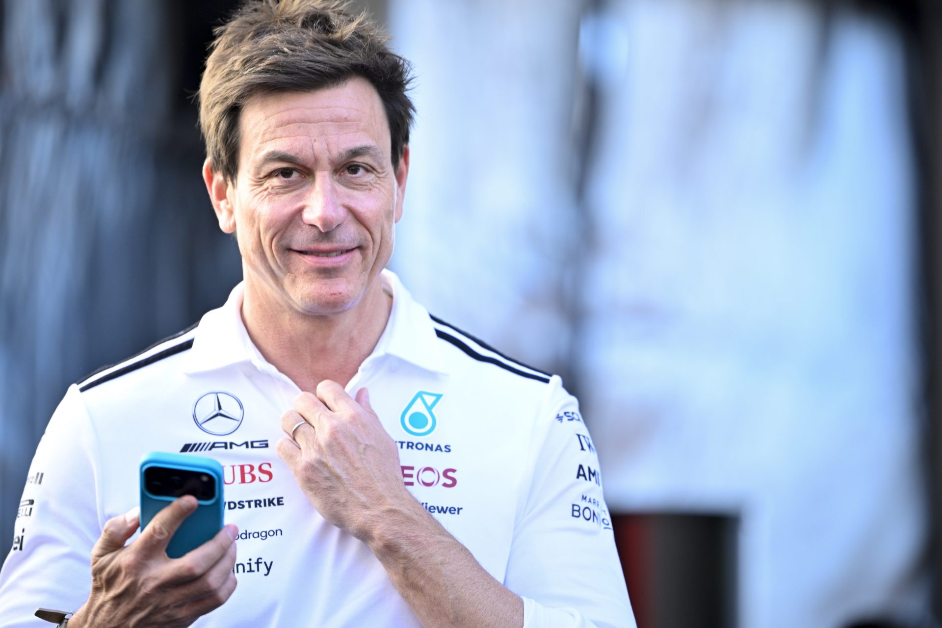 Mercedes AMG Petronas CEO and team principal Toto Wolff arrives at the track before the start of the 2025 US Grand Prix at Circuit of The Americas Austin.