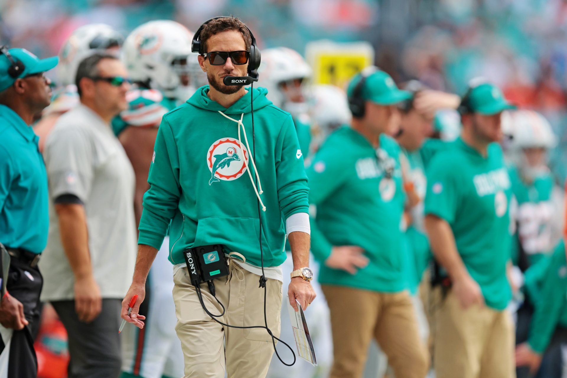 Miami Dolphins head coach Mike McDaniel looks on during the second quarter against the Cincinnati Bengals at Hard Rock Stadium.