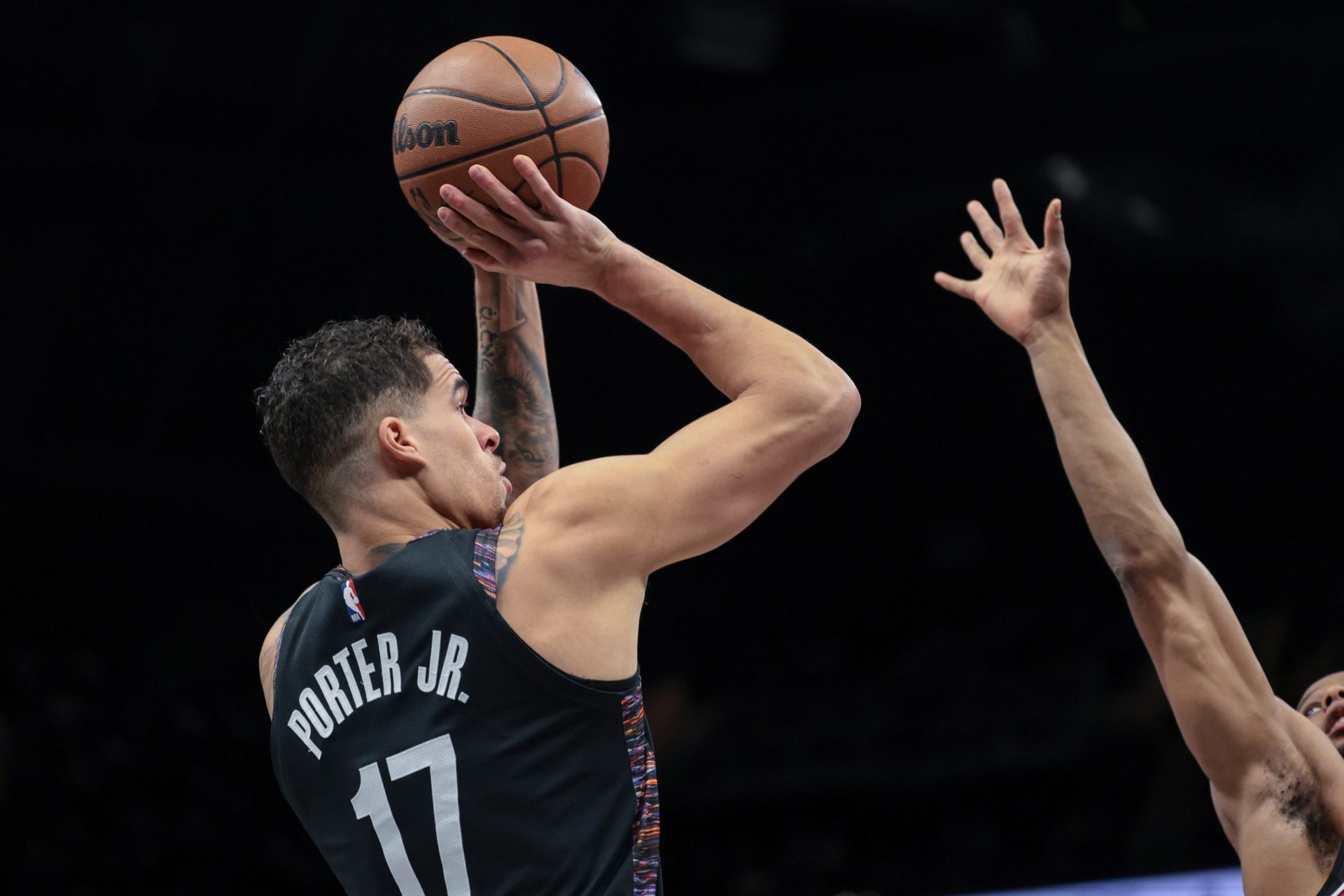 Brooklyn Nets forward Michael Porter Jr. (17) shoots the ball against the Chicago Bulls during the first quarter at Barclays Center.