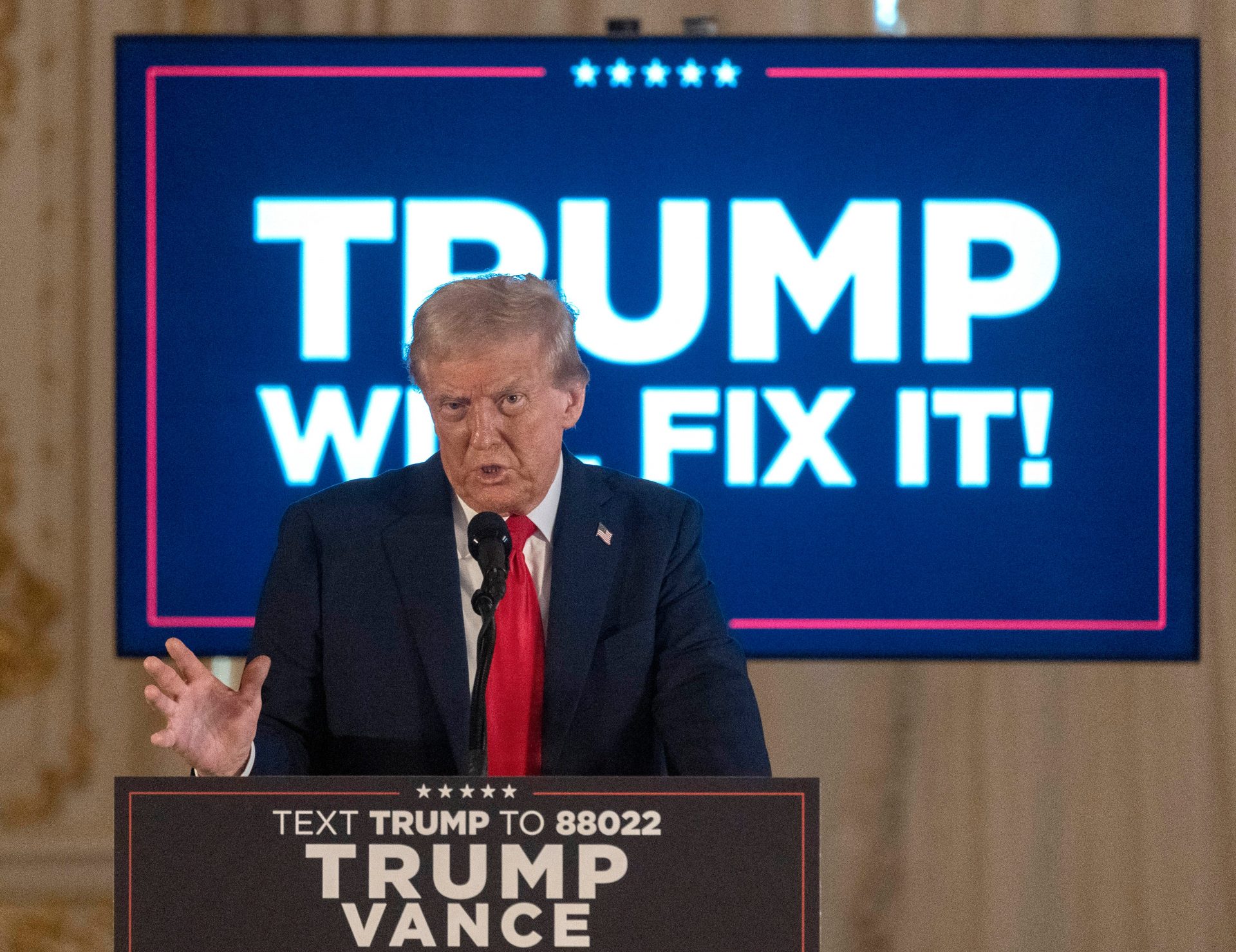 President Donald Trump speaks during a press conference at Mar-a-Lago on October 29, 2024, in Palm Beach, Florida.