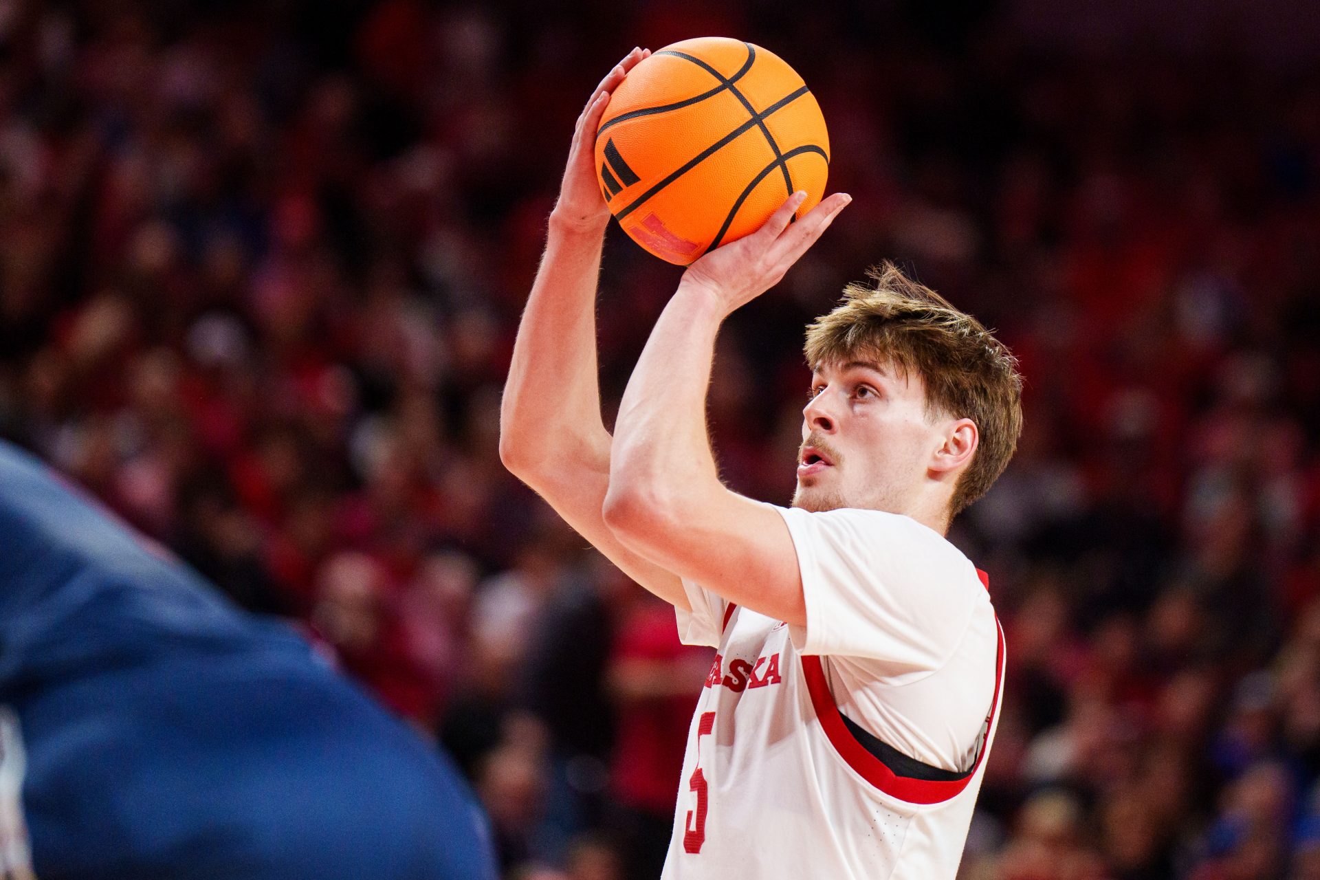 Nebraska Cornhuskers forward Braden Frager (5) shoots a free throw against the Creighton Bluejays during the first half at Pinnacle Bank Arena.
