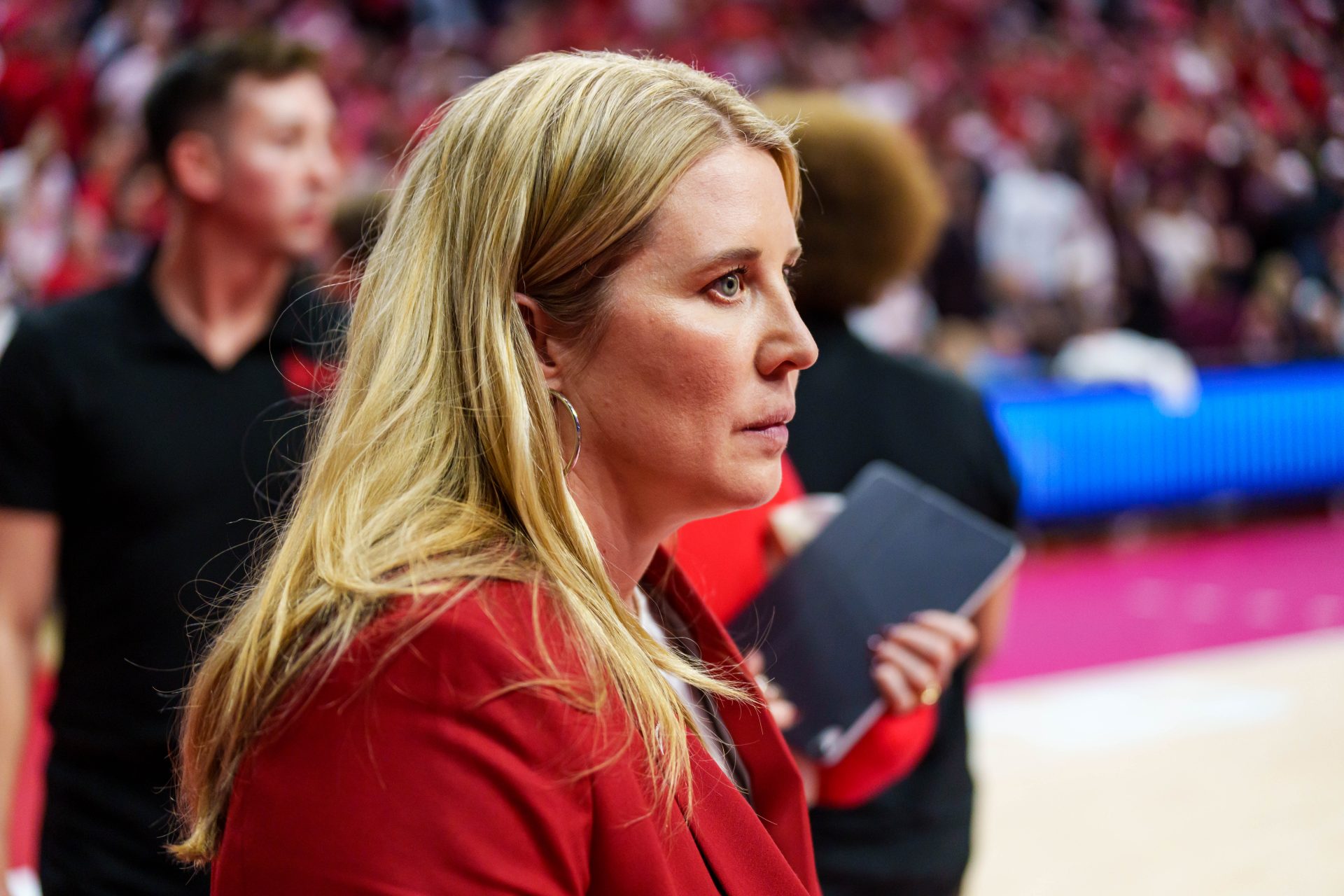 Nebraska Cornhuskers head coach Dani Busboom Kelly walks off the court after being defeated by the Texas A&M Aggies at Bob Devaney Sports Center.