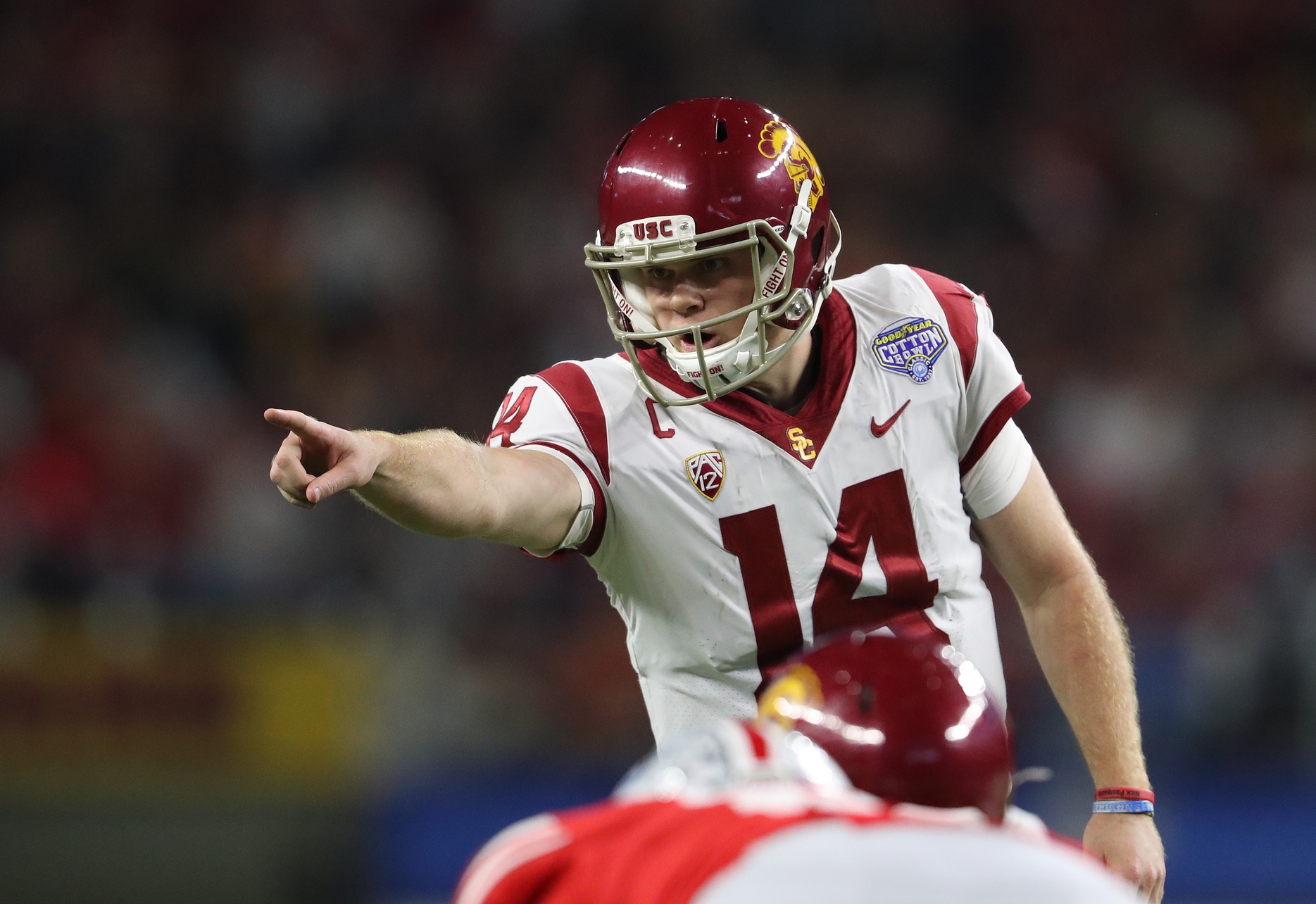 Southern California Trojans quarterback Sam Darnold (14) signals prior to the snap of the ball against the Ohio State Buckeyes in the 2017 Cotton Bowl at AT&T Stadium.
