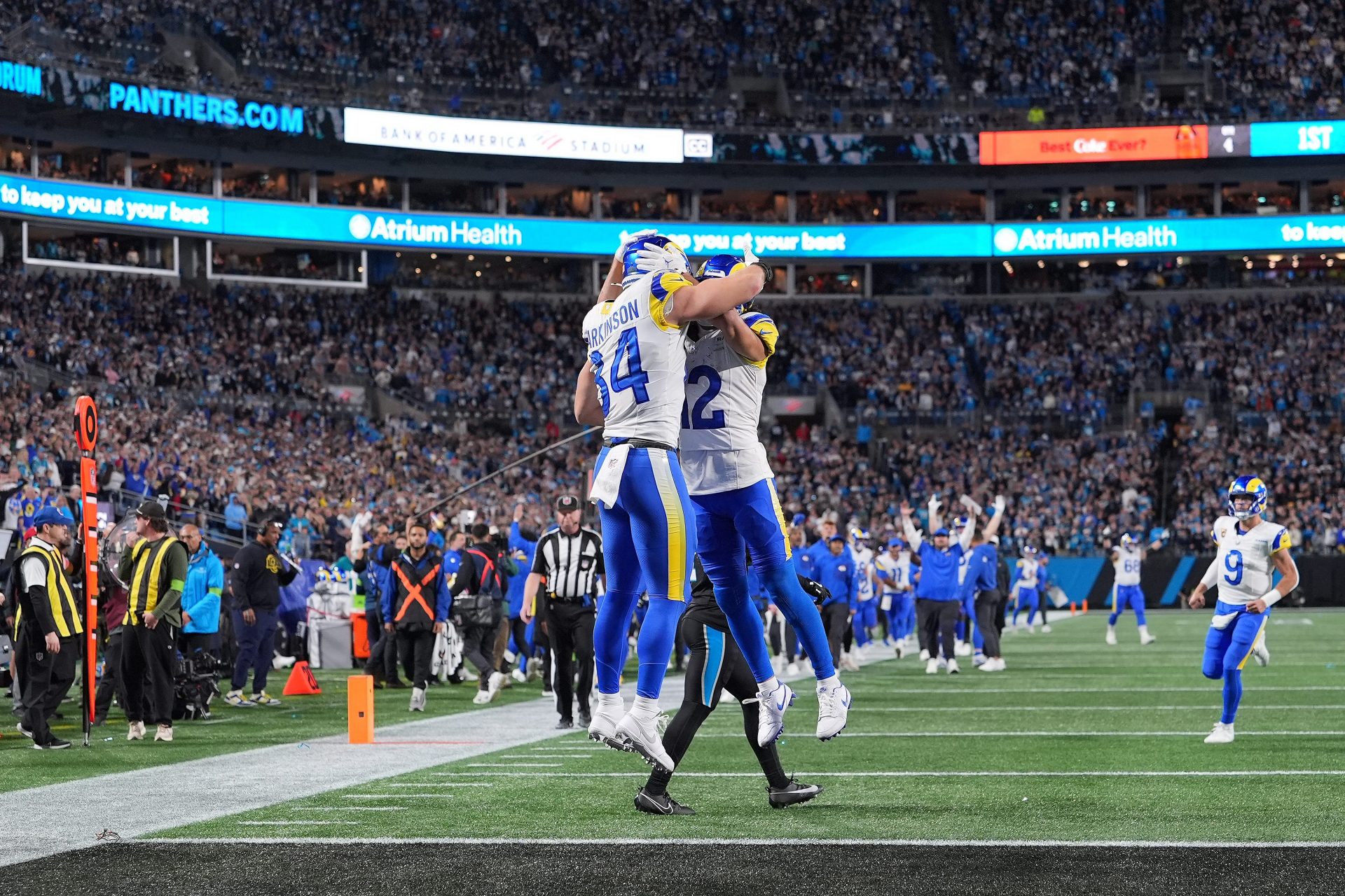 Los Angeles Rams tight end Colby Parkinson (84) reacts after making a touchdown catch against the Carolina Panthers in the second half during the NFC Wild Card Round game at Bank of America Stadium.