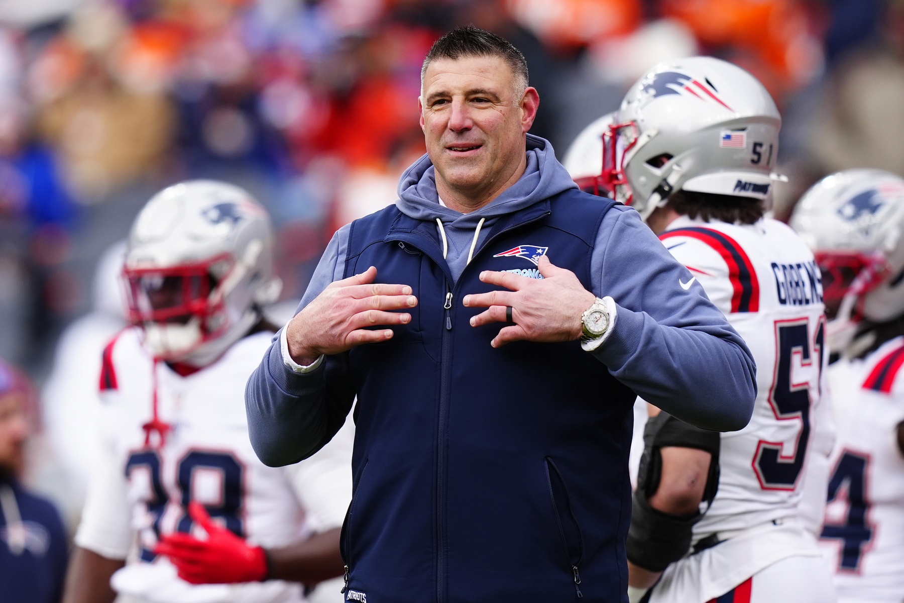 New England Patriots head coach Mike Vrabel before the 2026 AFC Championship Game at Empower Field at Mile High. Credit: Imagn Images