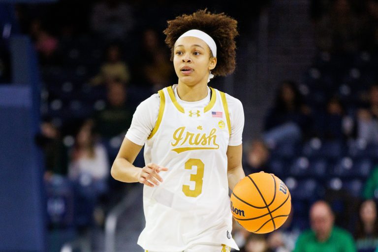 Notre Dame guard Hannah Hidalgo brings the ball up the court during an NCAA women's basketball game against No. 22 North Carolina. Source: Imagn