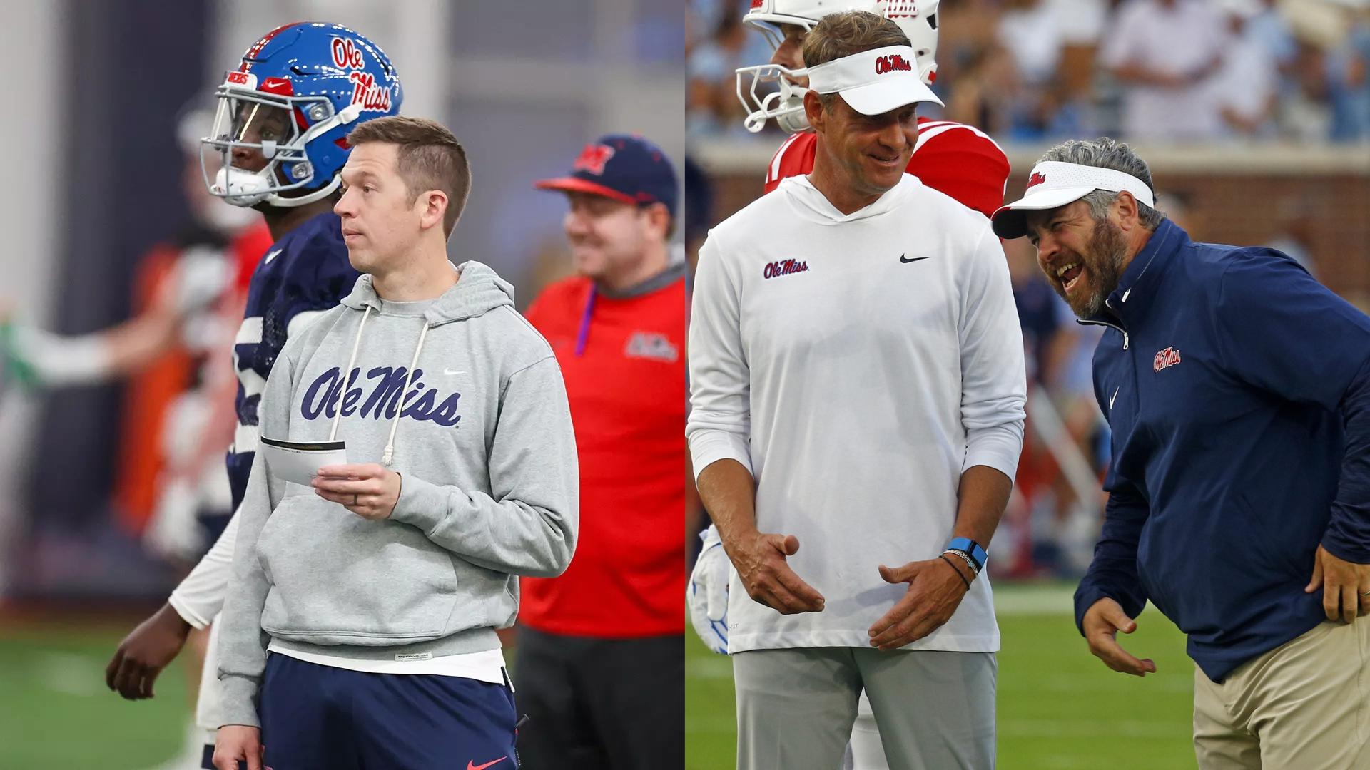 Charlie Weis, Lane Kiffin and Pete Golding. - Source: Imagn, https://olemisssports.com/sports/football/roster/coaches/charlie-weis-jr-/819