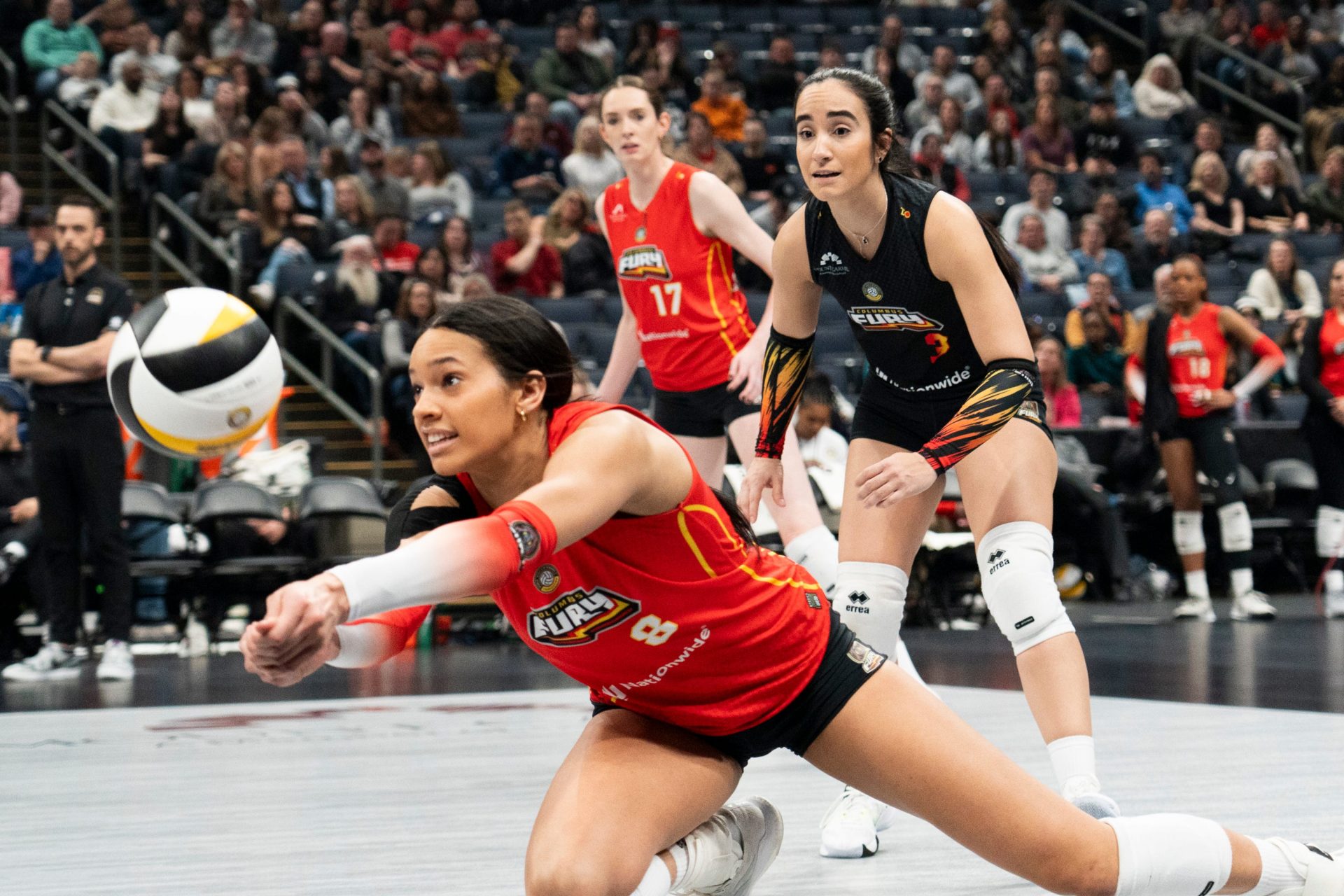 Outside hitter Reagan Cooper dives for the ball during the Columbus Fury home game against the Omaha Supernovas at Nationwide Arena. Source: Imagn