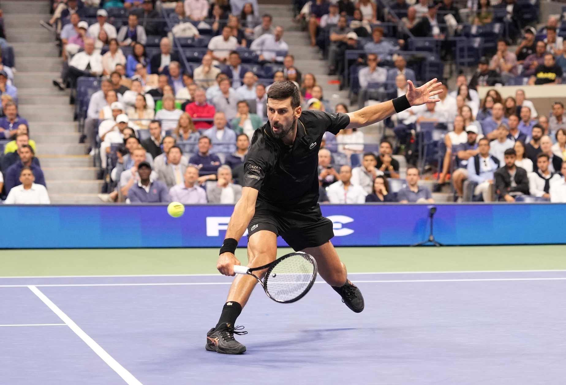 Novak Djokovic (SRB) hits to Taylor Fritz (USA) (not pictured) on day ten of the 2025 U.S. Open tennis tournament at the USTA Billie Jean King National Tennis Center.