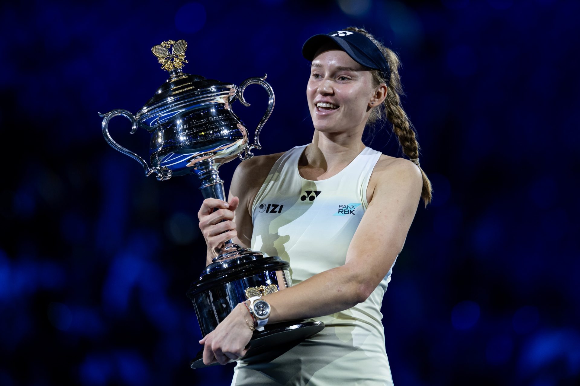 Elena Rybakina of Kazakhstan with the Daphne Akhurst Memorial Cup after her victory over Aryna Sabalenka (not pictured) in the final of the women’s singles at the Australian Open at Rod Laver Arena in Melbourne Park.