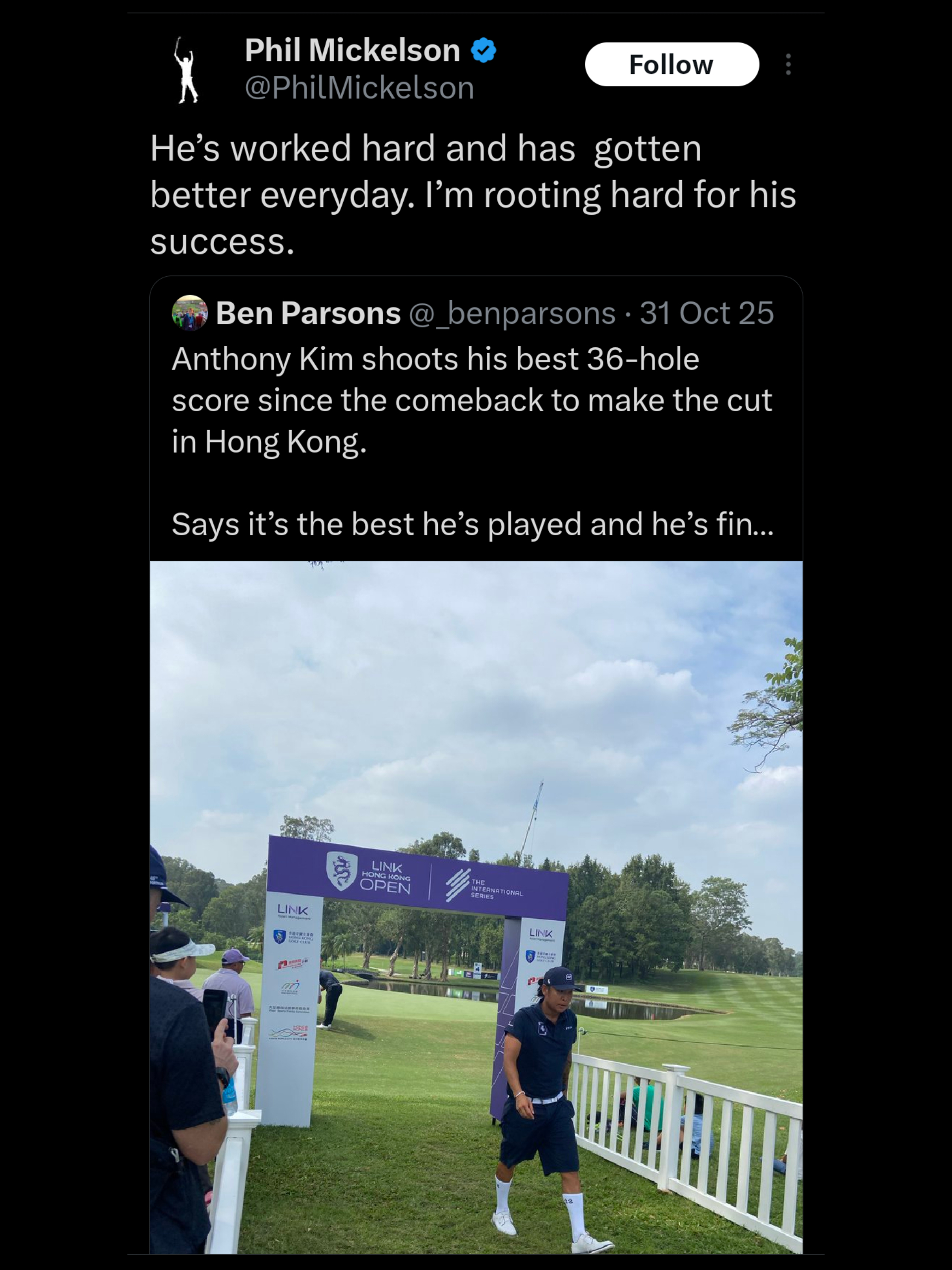 When Phil Mickelson rooted for Anthony Kim's success after the latter made the cut at the Hong Kong Open