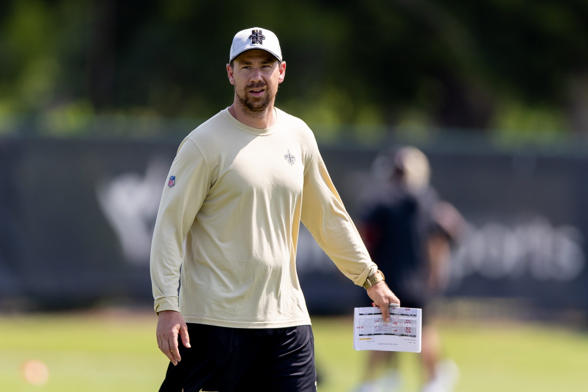New Orleans Saints offensive coordinator Klint Kubiak looks on during the rookie minicamp at the Ochsner Sports Performance Center.