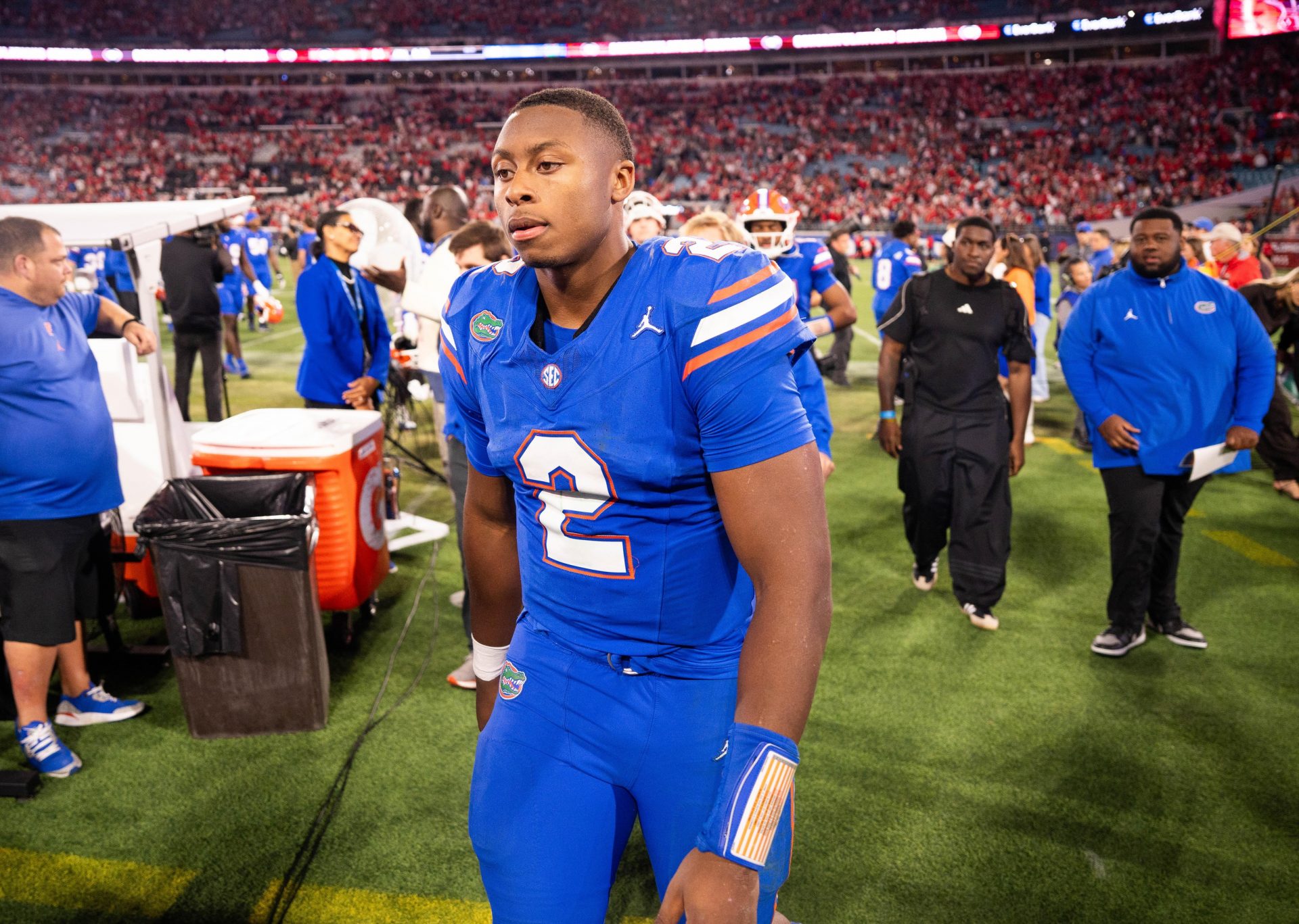 Florida Gators quarterback DJ Lagway (2) walks off the field after Georgia defeated Florida 24-20 in an NCAA football game, Saturday, Nov. 1, 2025, at EverBank Stadium in Jacksonville, Fla. [Doug Engle/Florida Times-Union]