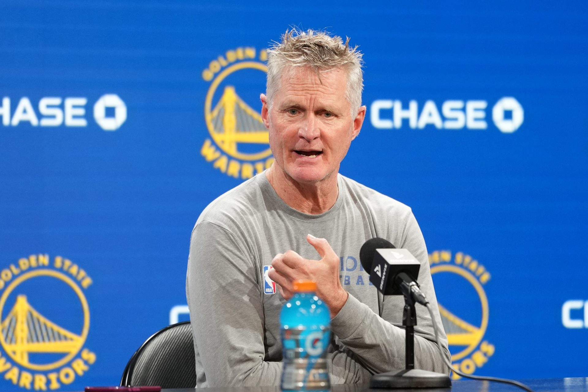 Golden State Warriors head coach Steve Kerr talks to media members before the game against the Oklahoma City Thunder at Chase Center.