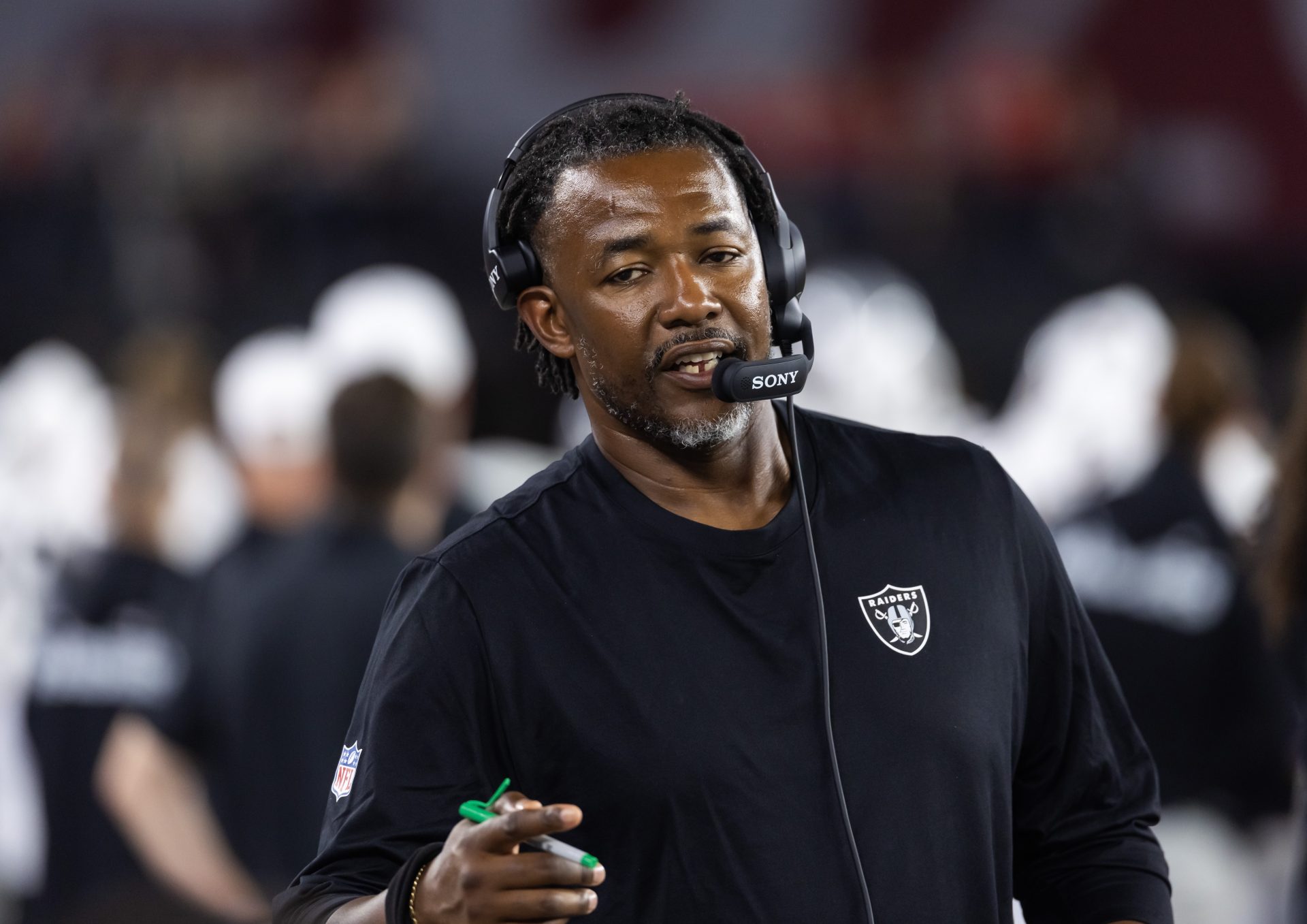 Las Vegas Raiders defensive coordinator Patrick Graham against the Arizona Cardinals during a preseason NFL game at State Farm Stadium.