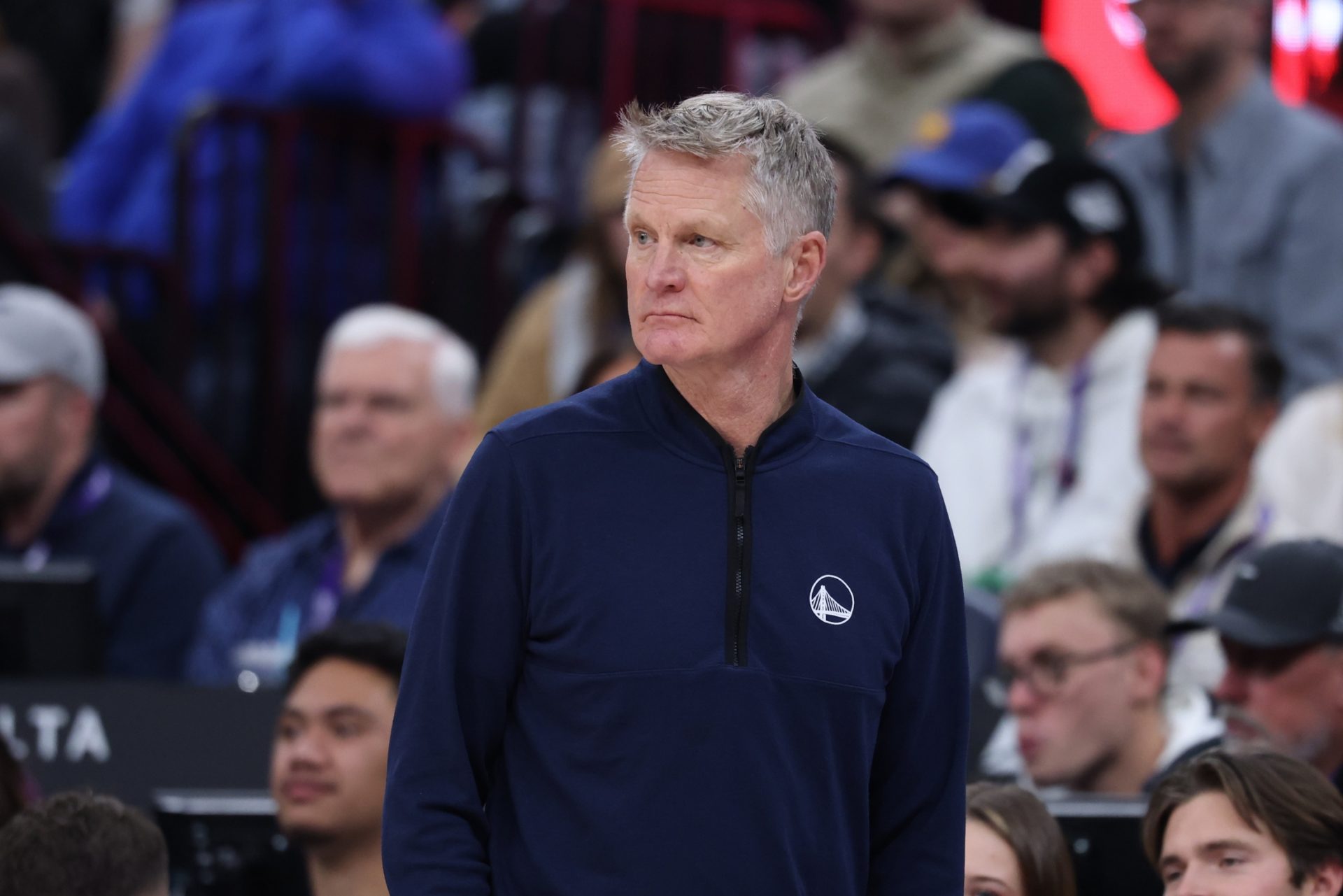 Golden State Warriors head coach Steve Kerr looks on during the first half of the game against the Utah Jazz at Delta Center.