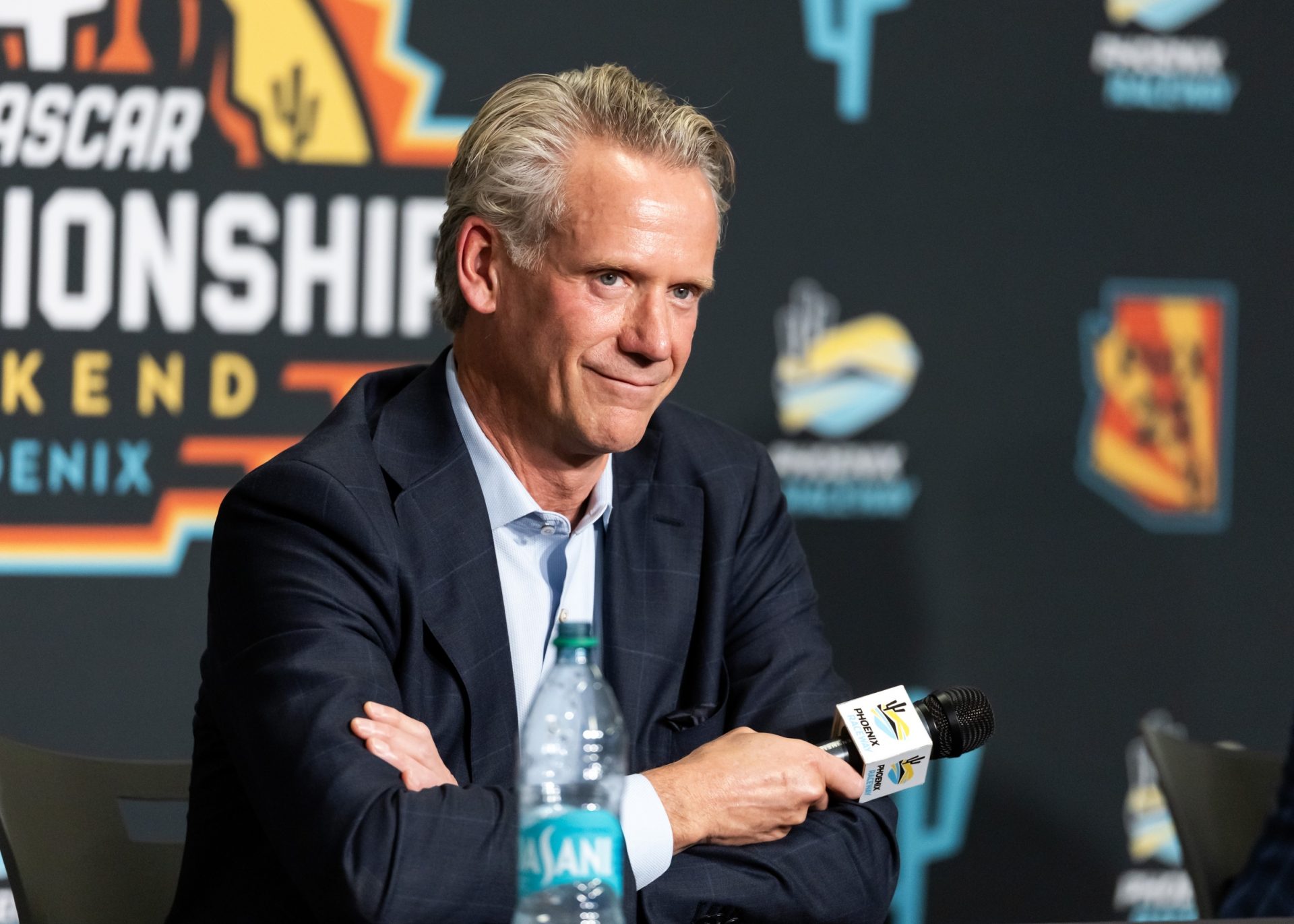 NASCAR commissioner Steve Phelps speaks to the media during the state of the sport press conference in the media center at Phoenix Raceway.