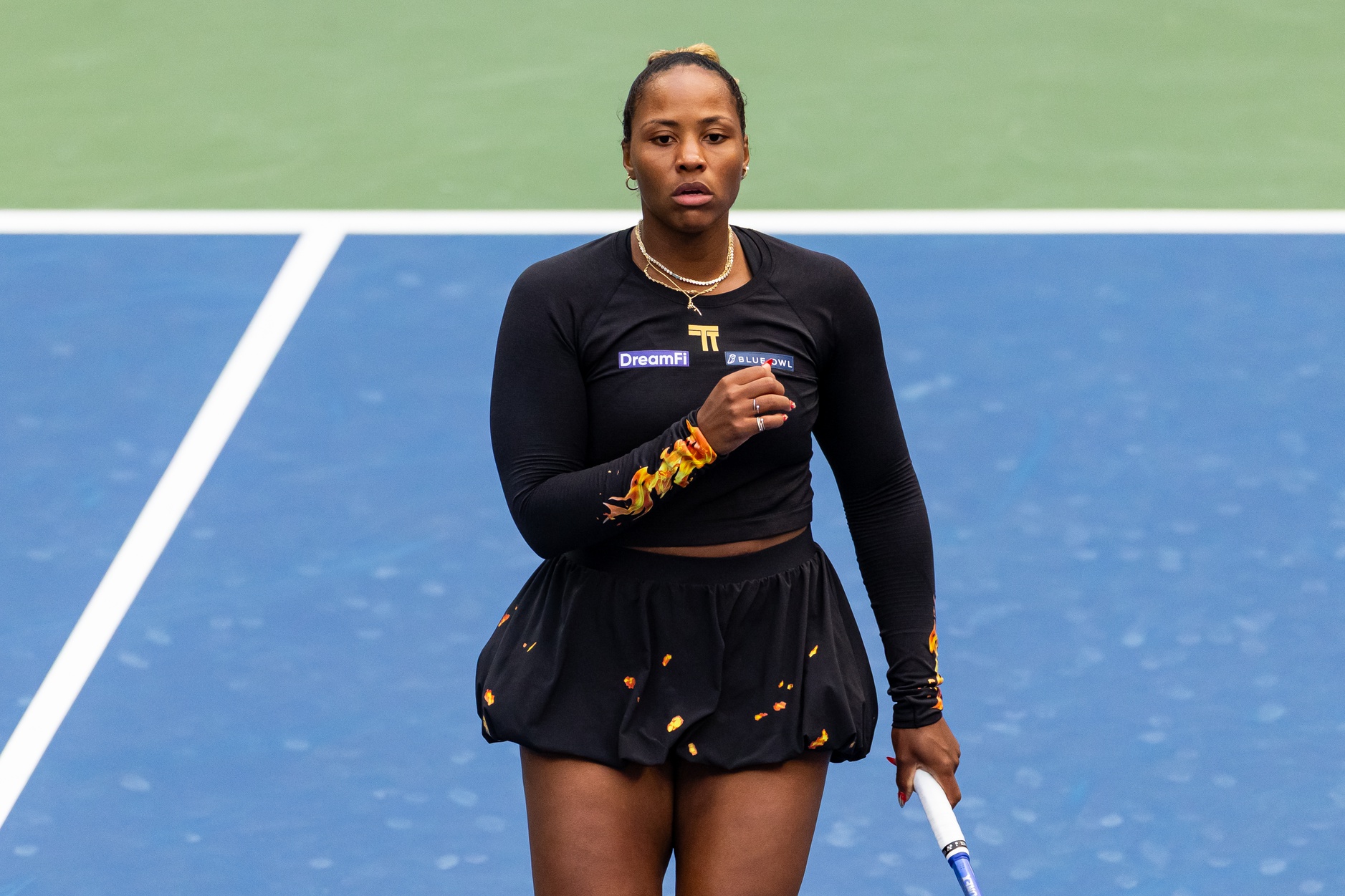 Taylor Townsend of the United States and Katerina Siniakova of Czech Republic in action against Venus Williams of the United States and Leylah Fernandez of Canada in the quarterfinal of the women’s doubles at the US Open at Louis Armstrong Stadium in Billie Jean King National Tennis Center.
