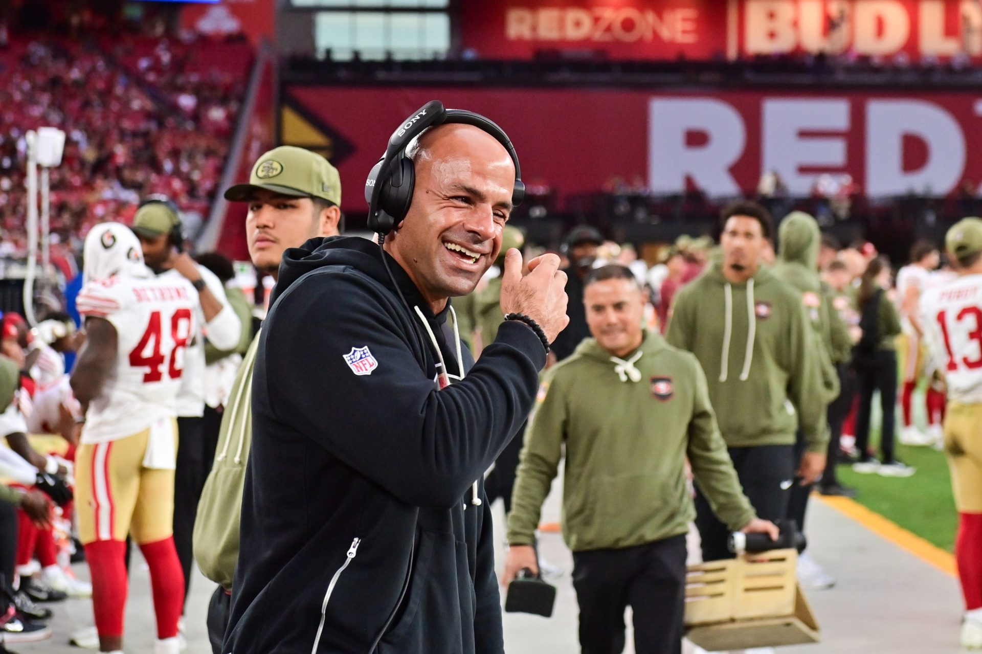 San Francisco 49ers defensive coordinator Robert Saleh reacts after defeating the Arizona Cardinals at State Farm Stadium.