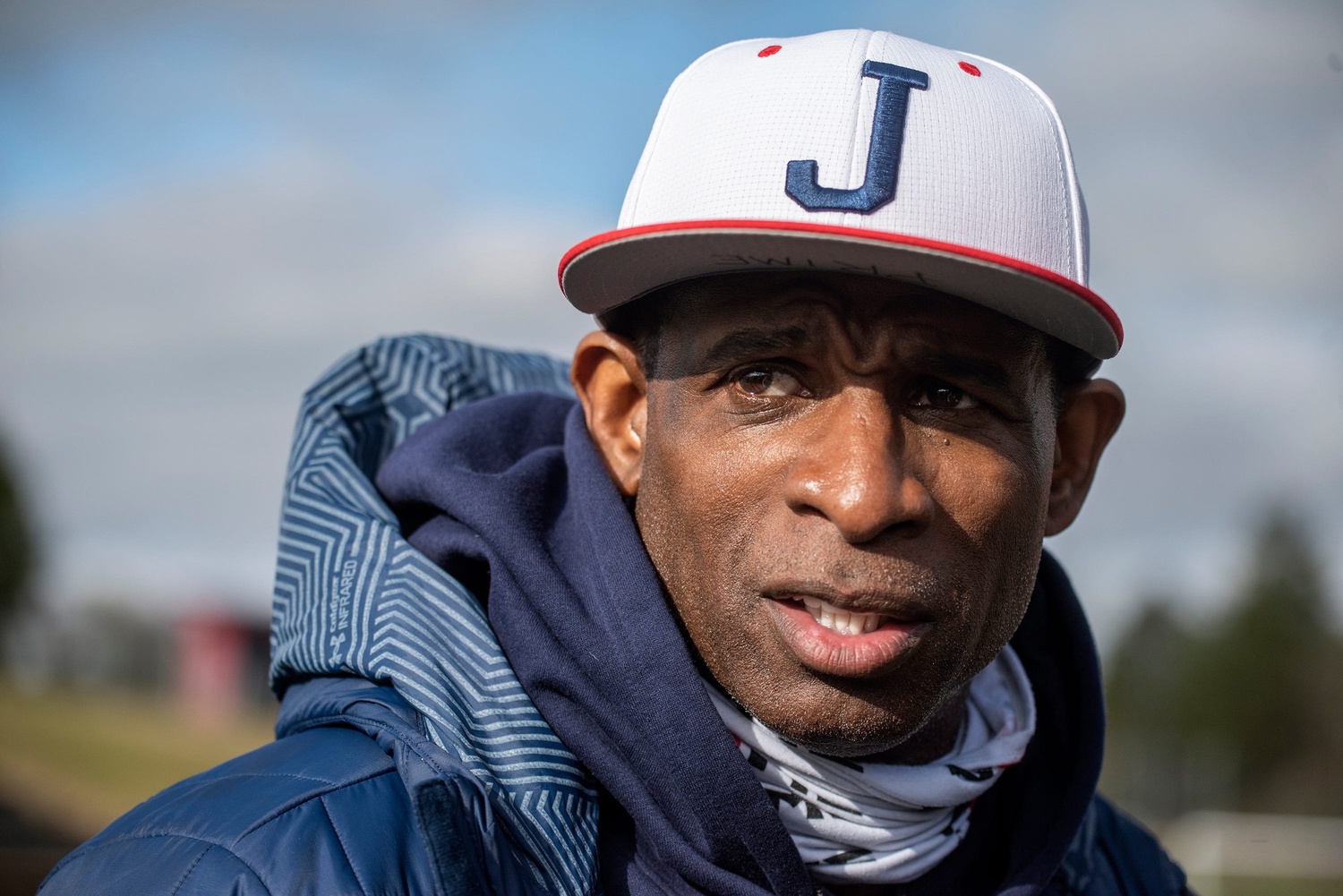 Jackson State University head football coach Deion Sanders speaks with media after the team's scrimmage game at Forrest Hill High School in Jackson, Miss., on Sunday, Feb. 7, 2021. Credit: Imagn