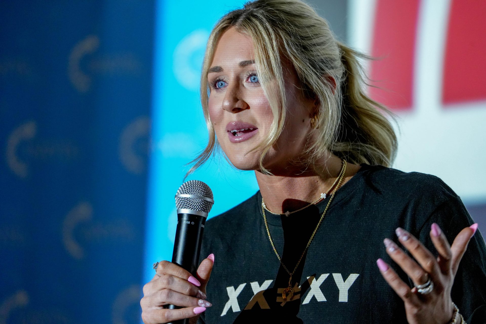 Riley Gaines speaks at a University of Oklahoma Turning Point USA chapter speaking event in Norman, Okla., on Wednesday, April 2, 2025.
