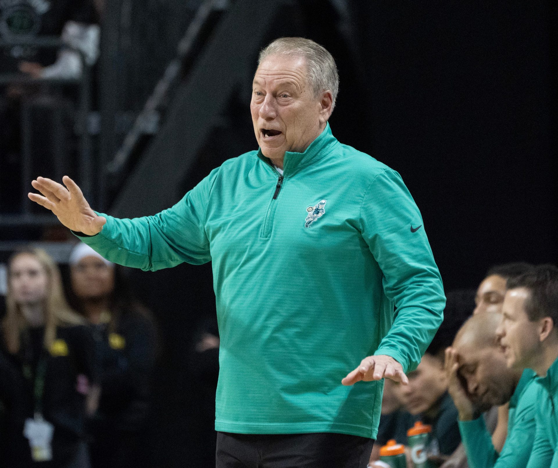 Michigan State coach Tom Izzo calls to his team during the first half against Oregon at Matthew Knight Arena in Eugene Jan. 20, 2026.