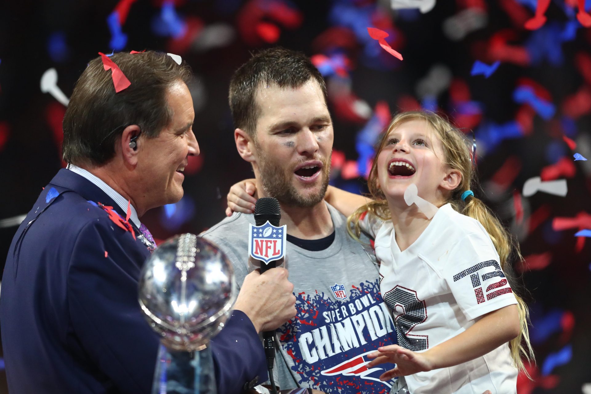 New England Patriots quarterback Tom Brady is interviewed by CBS host Jim Nantz with the Vince Lombardi Trophy after defeating the Los Angeles Rams in Super Bowl LIII at Mercedes-Benz Stadium.